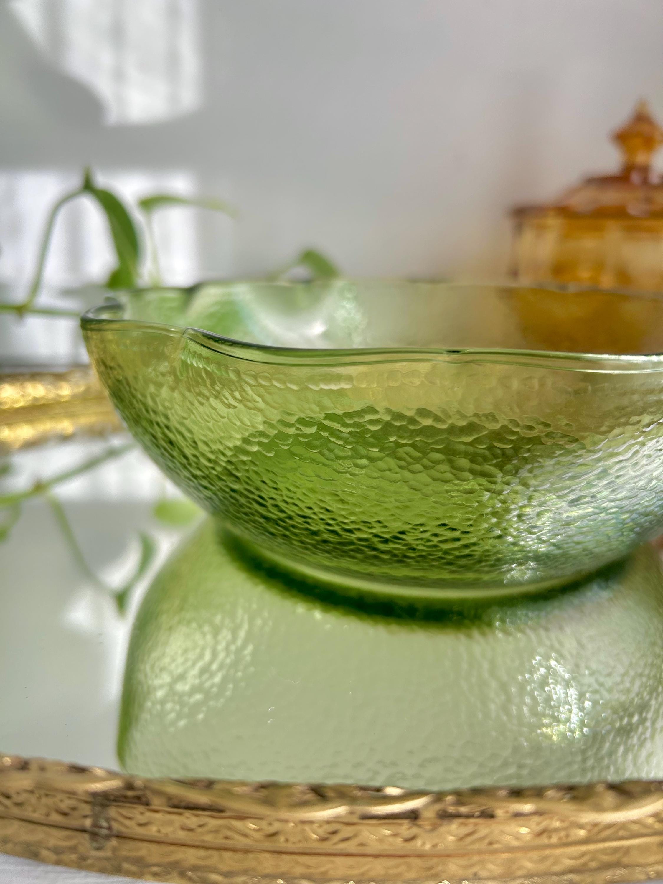 Vintage Hazel Atlas Green Glass Bowl: Pebblestone Ruffle Rim