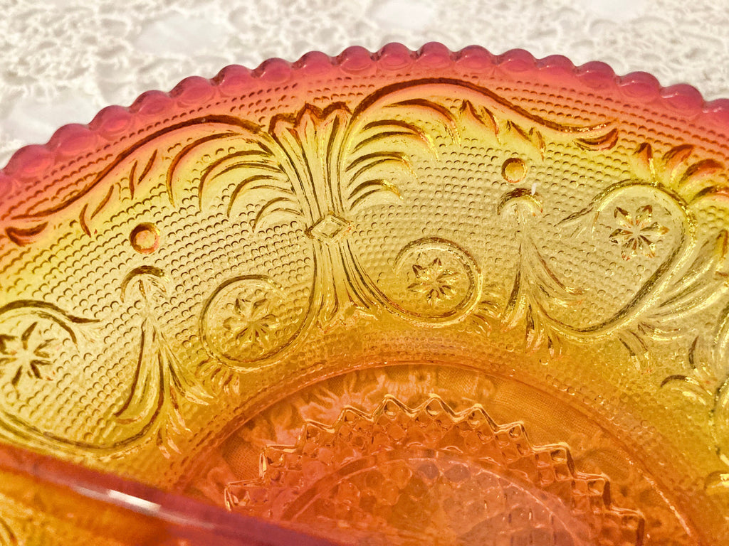 Vintage Amberina Depression Glass Divided Relish Dish with Handle, Rounded Sawtooth Edging