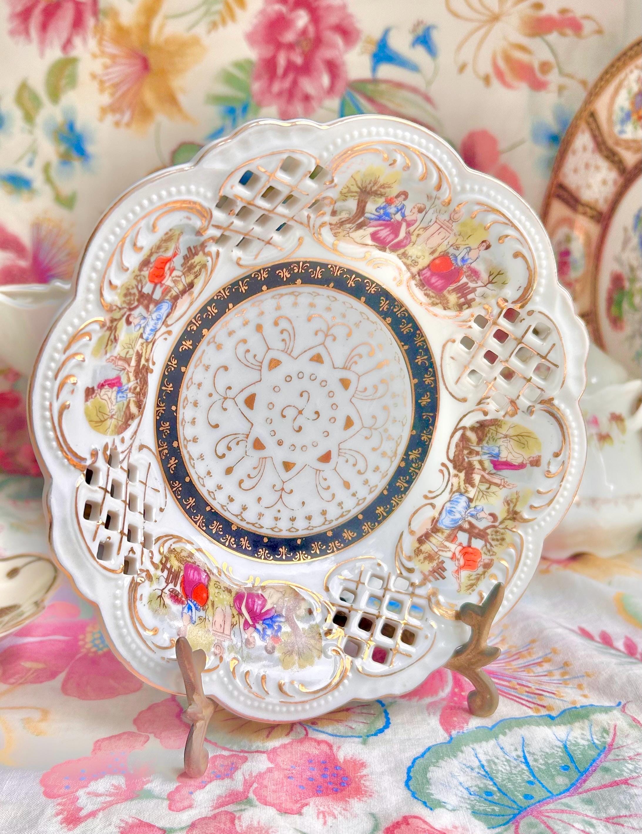 Vintage Perforated Bowl: Victorian Leisure Scenes, Gold Trim, Scalloped Rim