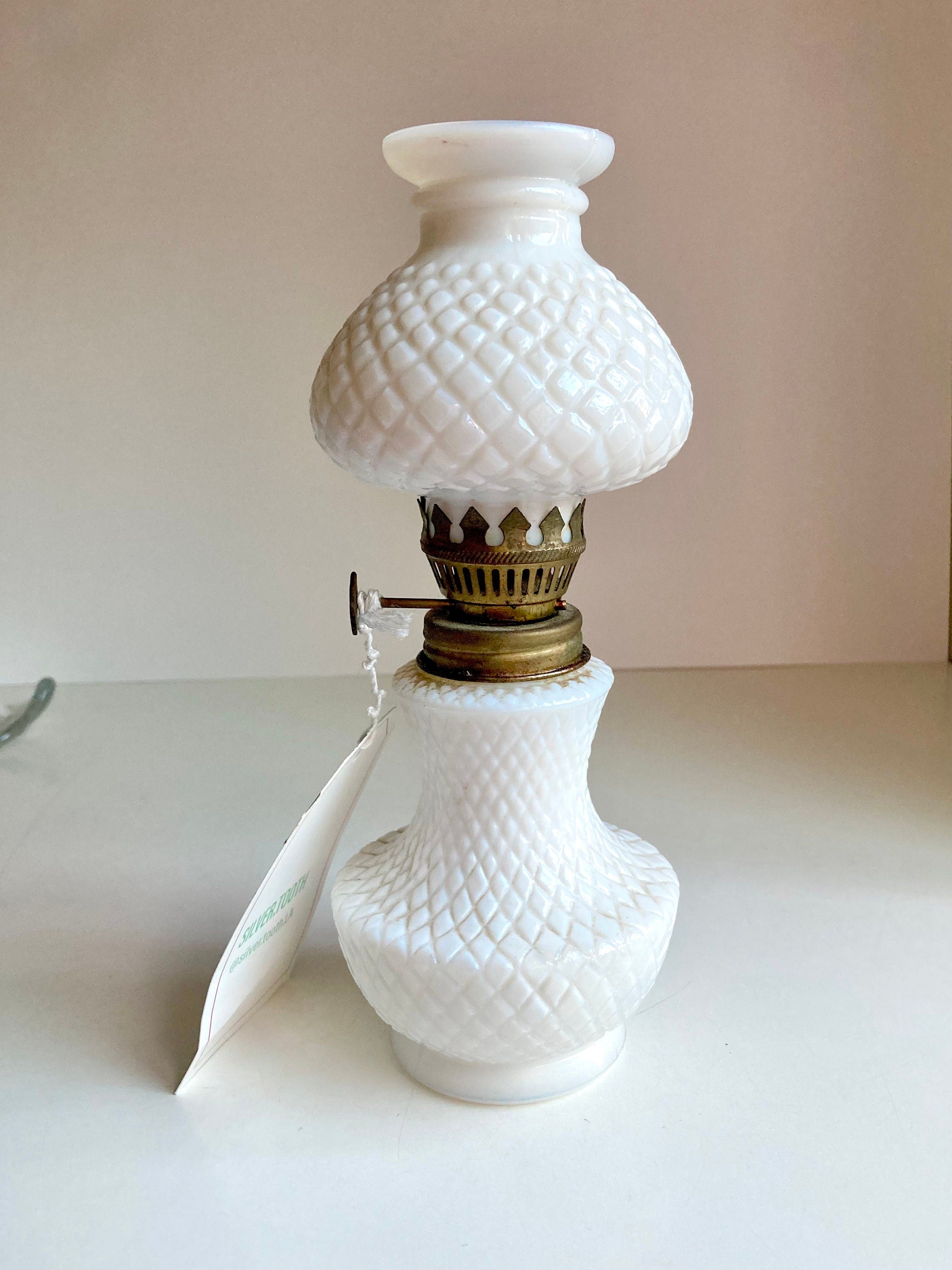 Vintage Milk Glass Oil Lamp: Diamond Hobnail, Fruit Appliqué, 8" Tall