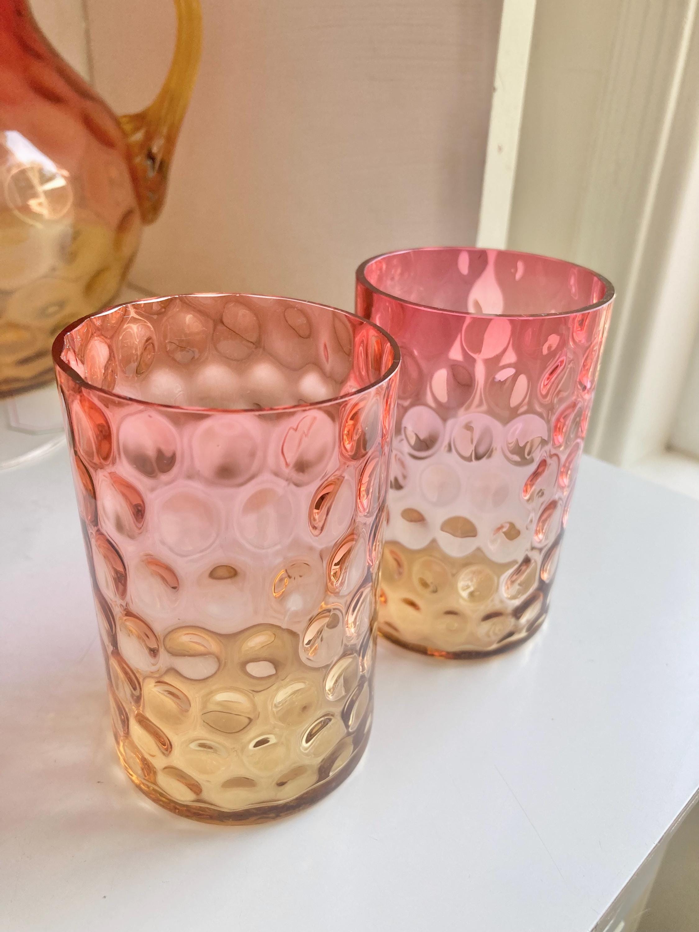 Antique Amberina Glass Pitcher Set: Victorian Reverse Thumbprint Hobbs Brockunier