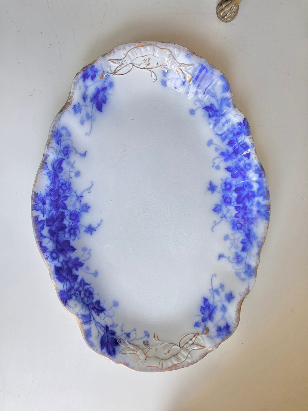 Antique Flow Blue Serving Platter: Royal Semi Porcelain Floral Plate, 14.5"