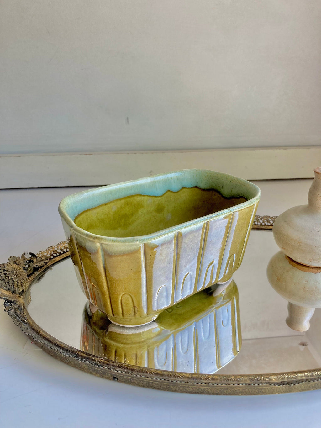 Mid Century Modern Hand Made Ceramics - Drip Glaze Olive Green Planter