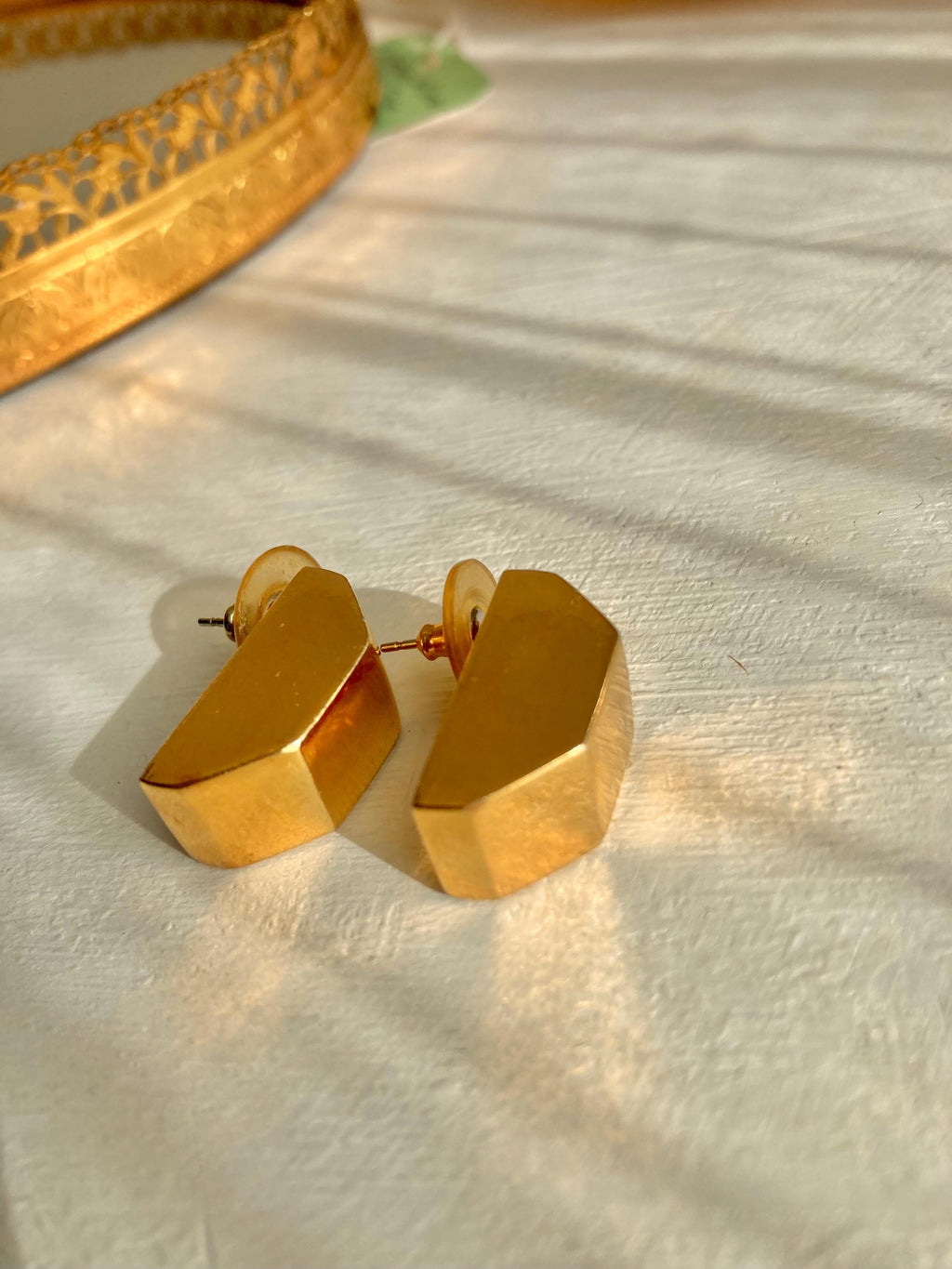 Vintage Gold Tone Statement Earrings - Geometric Angular 1980s Earrings for Pierced Ears