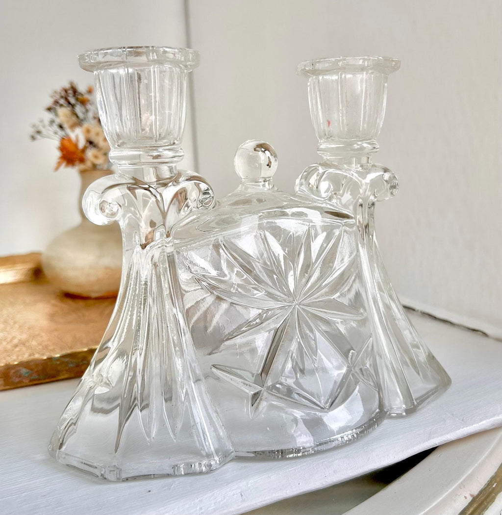 Vintage Anchor Hocking Prescut Double Candlestick Holder - Heavy Pressed Cut Clear Glass Candelabra