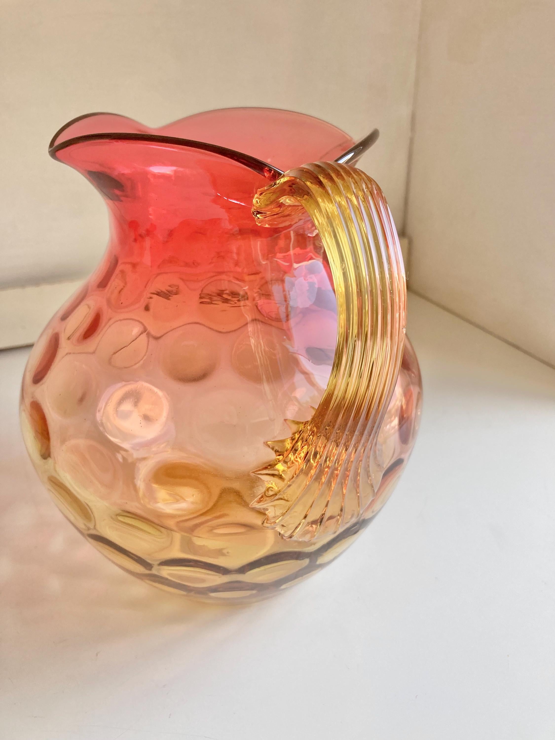 Antique Amberina Glass Pitcher Set: Victorian Reverse Thumbprint Hobbs Brockunier