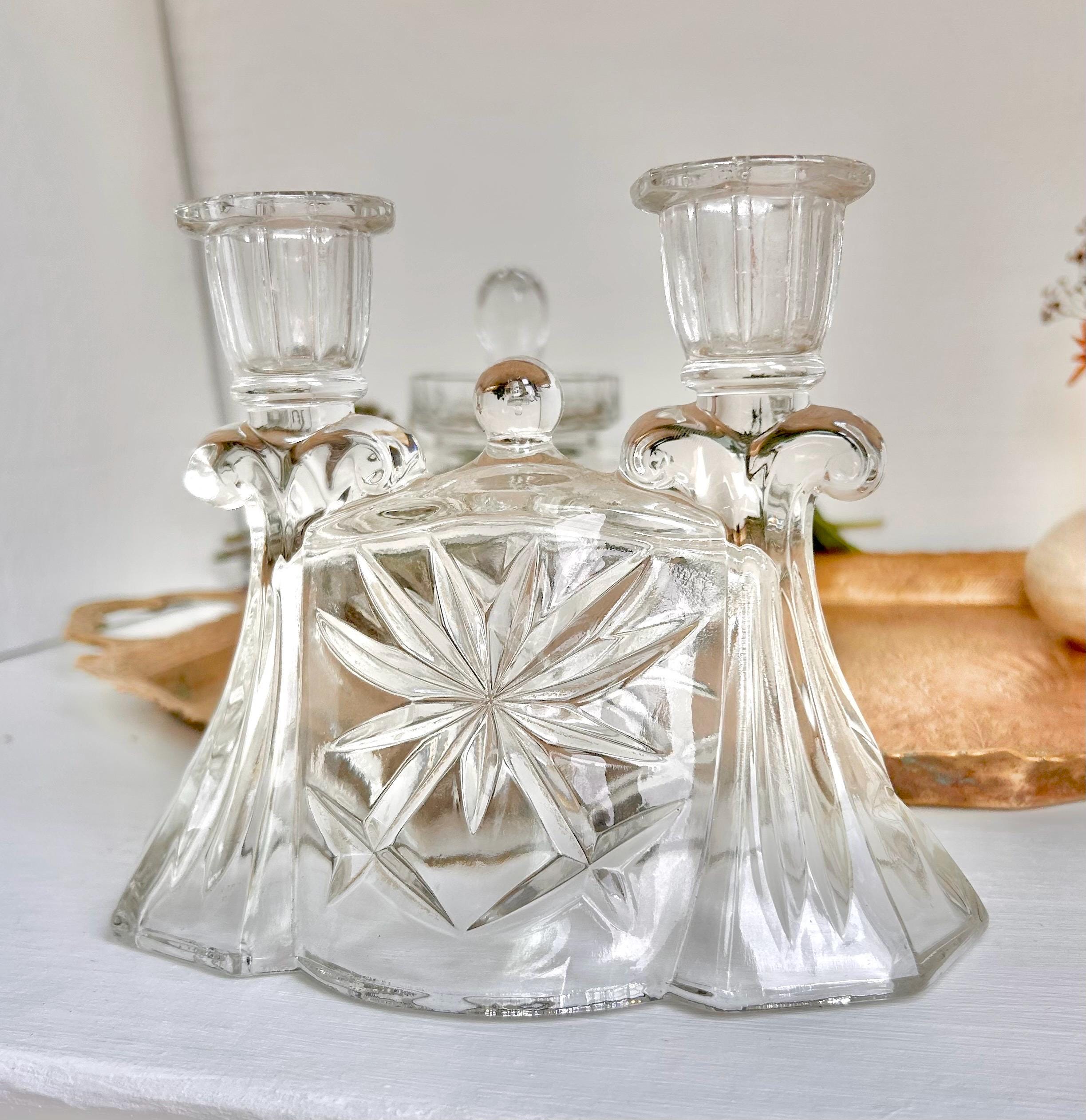 Vintage Anchor Hocking Prescut Double Candlestick Holder - Heavy Pressed Cut Clear Glass Candelabra
