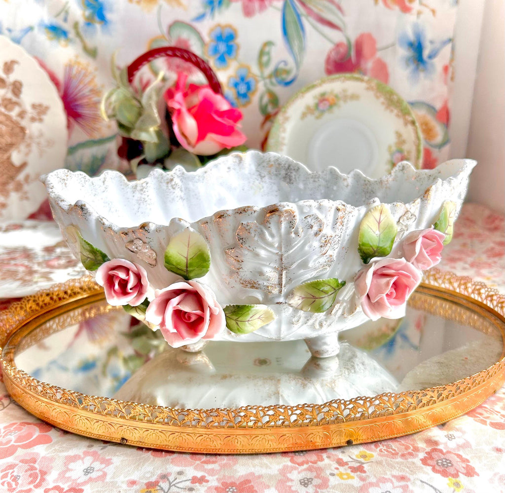 Vintage LEFTON Ceramic Footed Bowl: Pink Roses, Rhinestone Butterflies