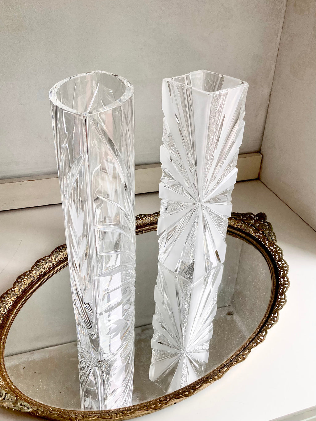 Vintage European Cut Crystal Vases: Geometric Frosted Glass Accents