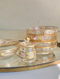Vintage Hand-Painted Floral Glass Dessert Set: Gilt Sunburst Bowls & Jar