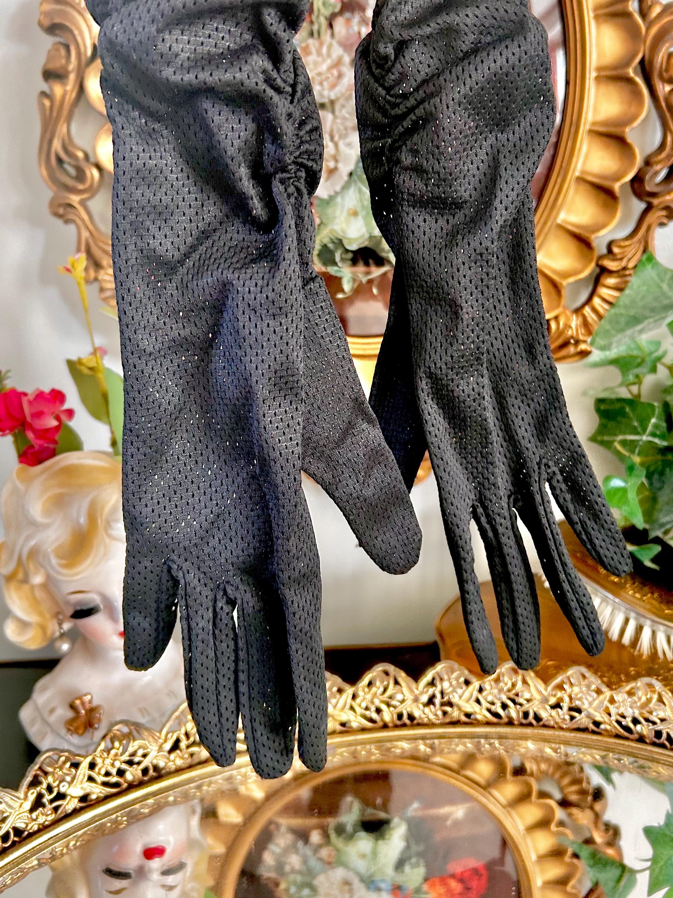 Vintage Ruched Ladies Gloves in Perforated Black Nylon, USA