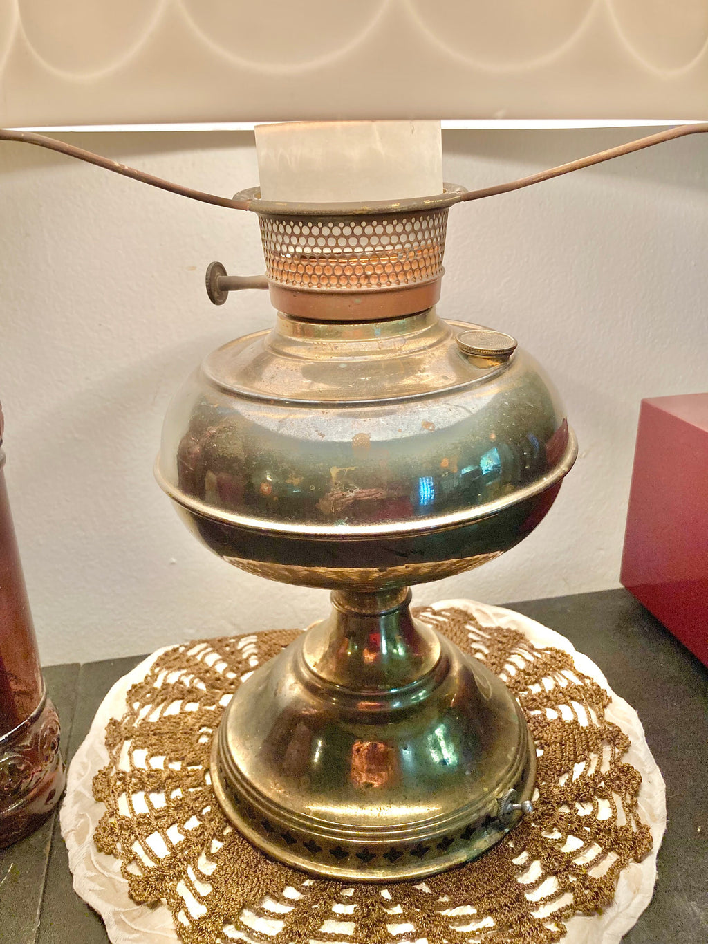 Vintage Converted Brass Oil Boudoir Lamp - Milk Glass Shade with Pink Roses Applique