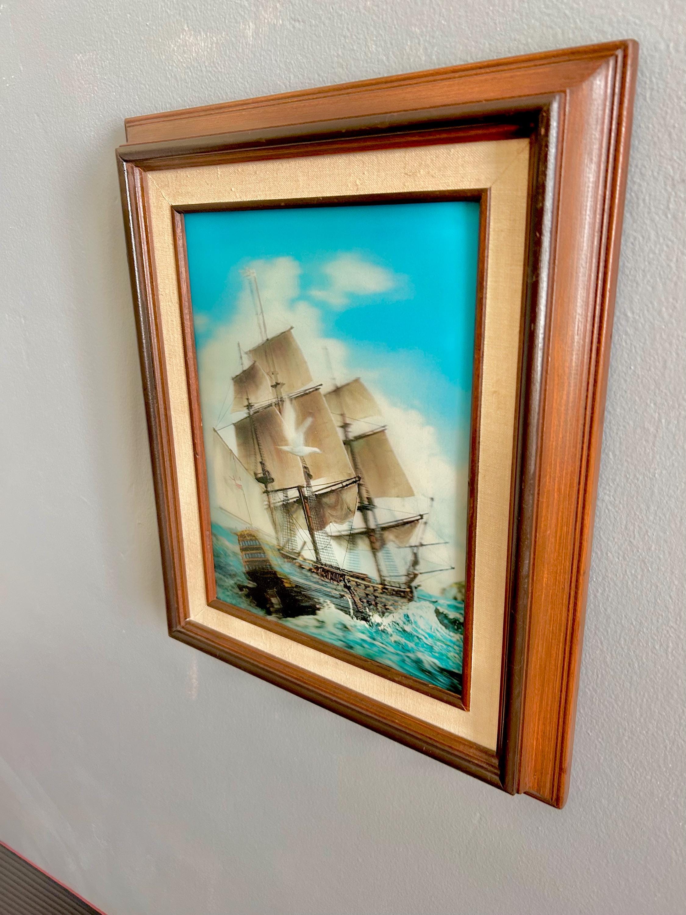 Vintage Lenticular Sailboat Art: 3D Hologram, Wood & Linen Frame