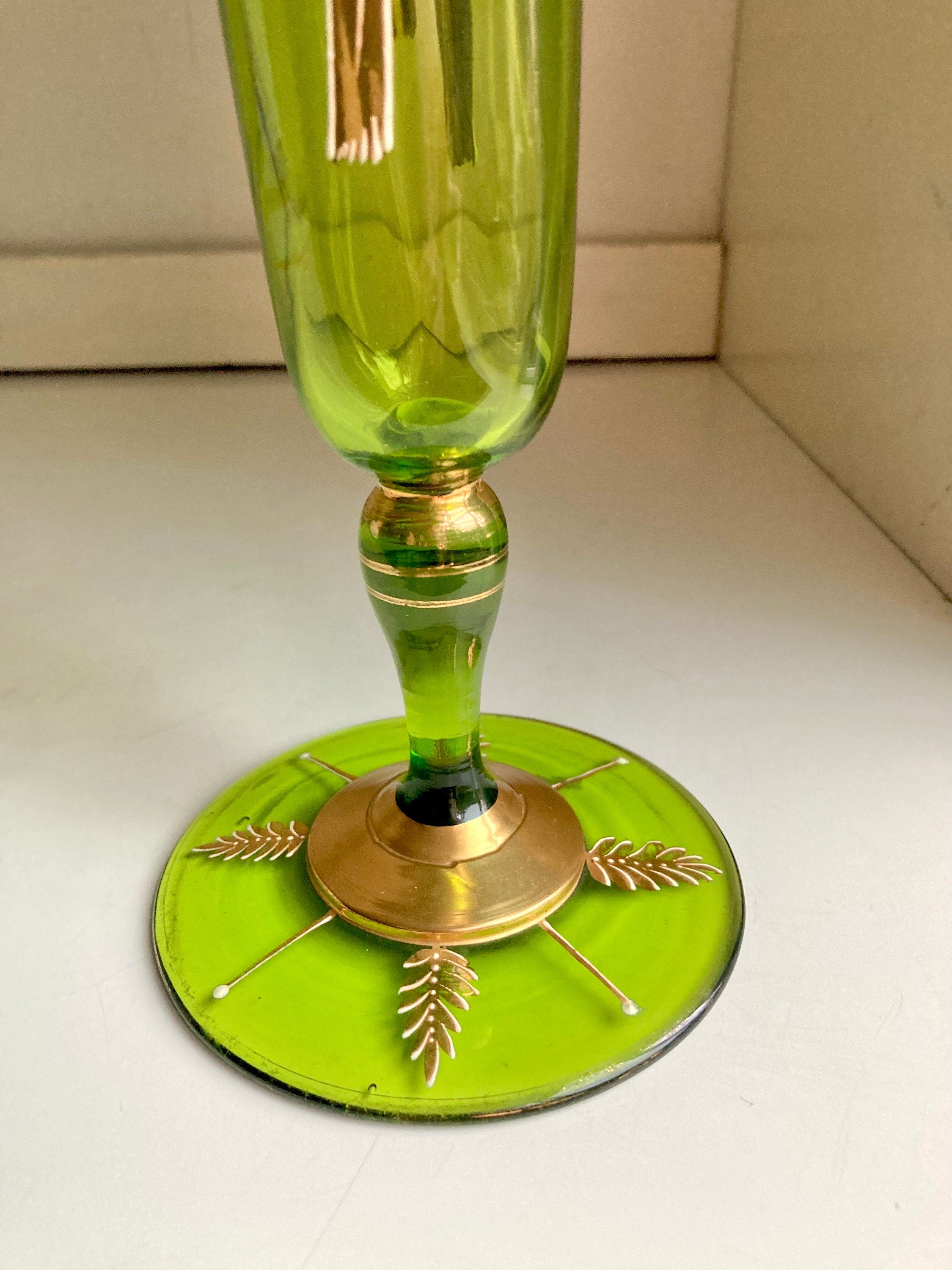 Bohemian Green Glass Ruffled Vase: Gilt Floral Hand-Painted Decor