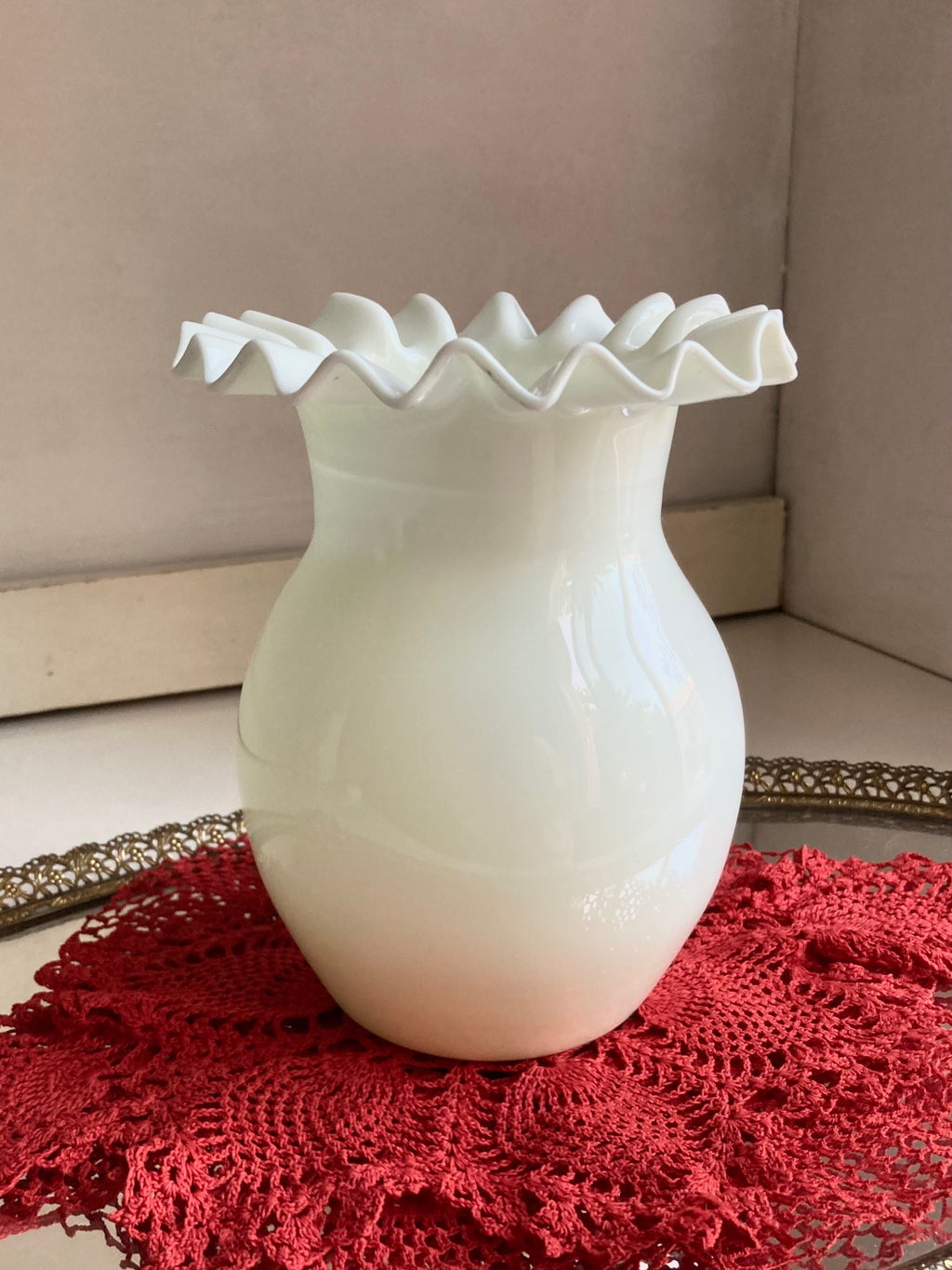 Vintage Blown Milk Glass, Crimped Rim Vase - Portugal