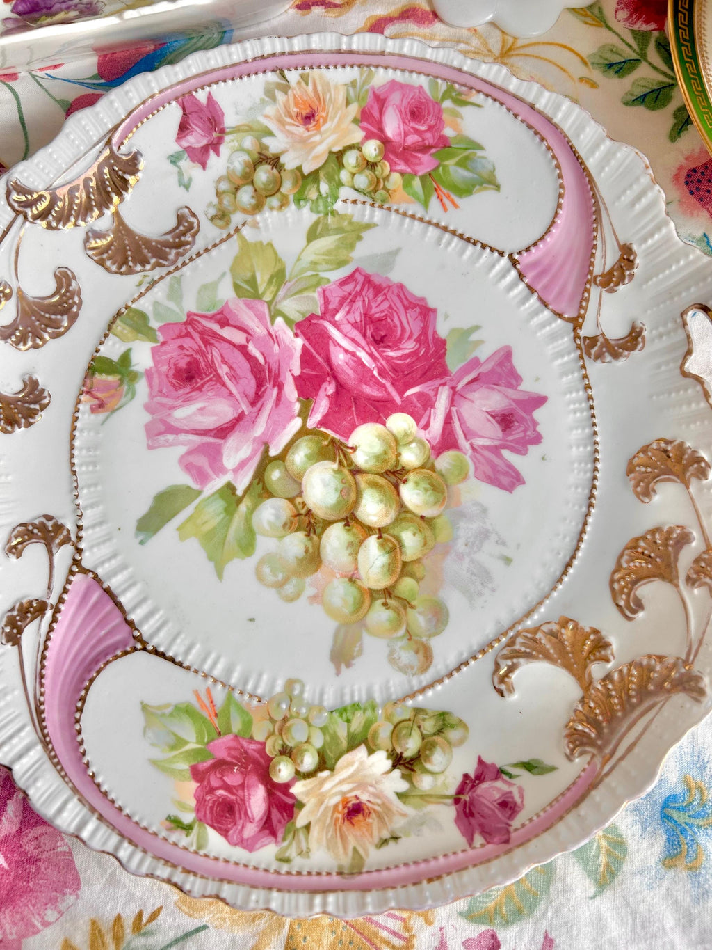 Vintage Porcelain Platter: Gold Foliage, Roses & Grapes, Beaded Handles