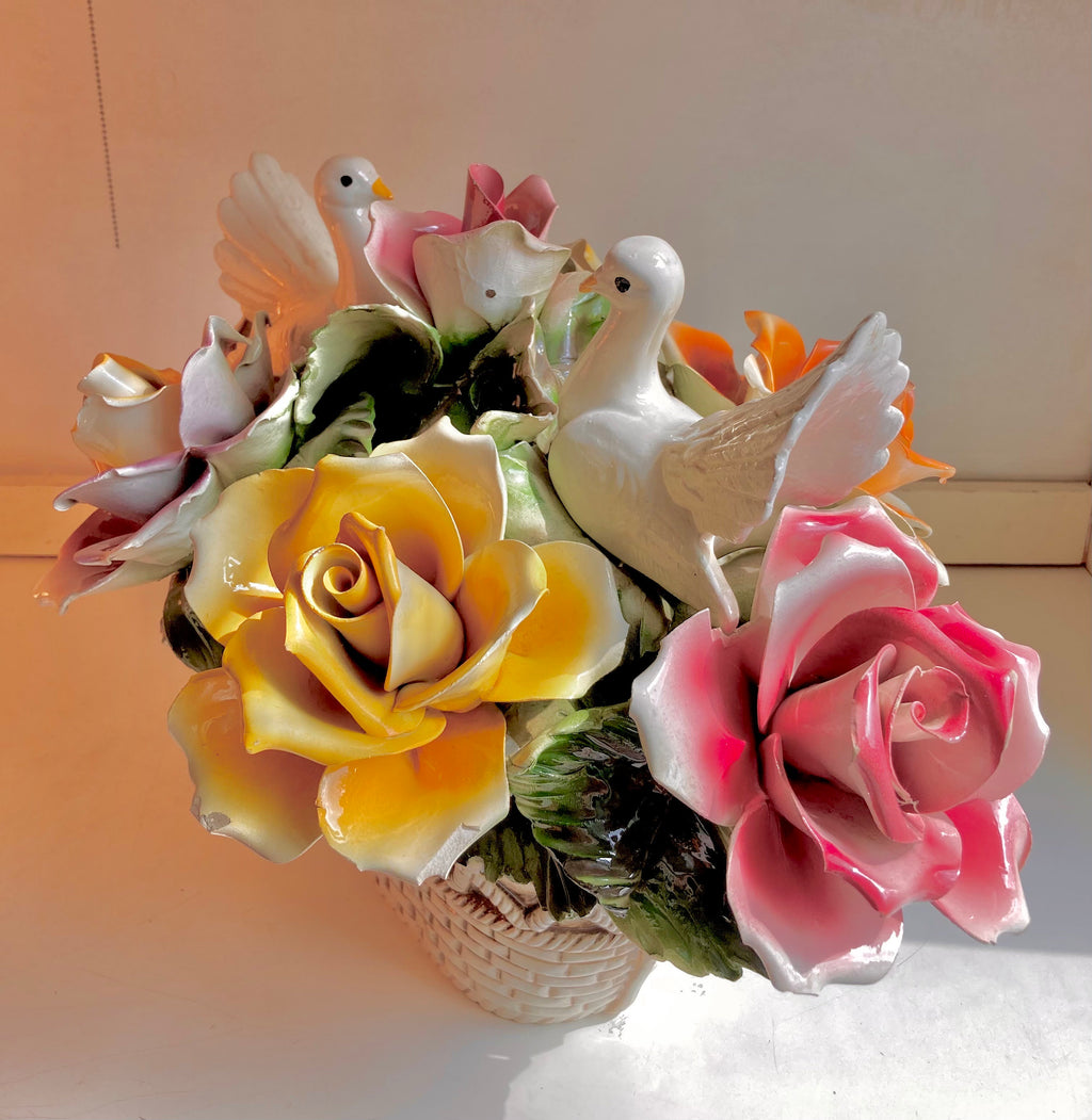 1970s Nuova Capodimonte 17" Grand Centerpiece with Pair of Doves, Basket of Roses