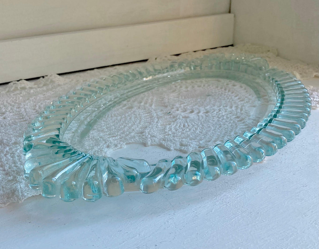 Vintage Aqua Blue Glass Ruffled Tray
