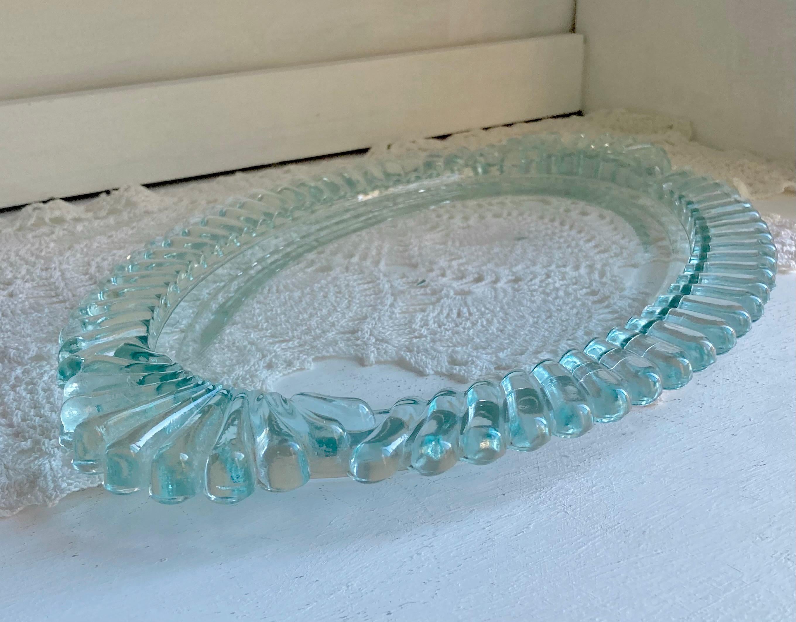 Vintage Aqua Blue Glass Ruffled Tray
