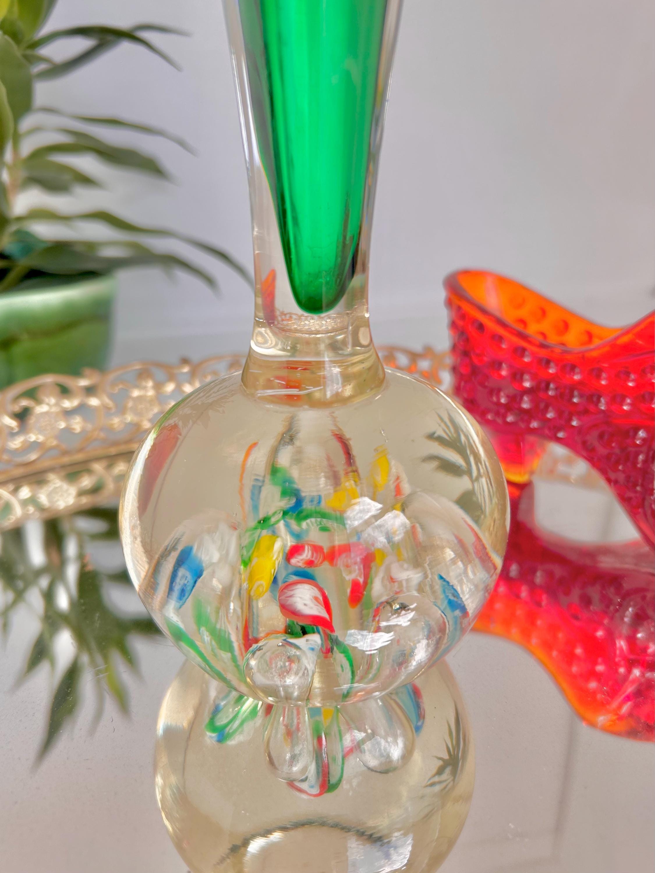 Vintage Kreis Art Glass Vase: Millefiori & Emerald Green Fluted Rim