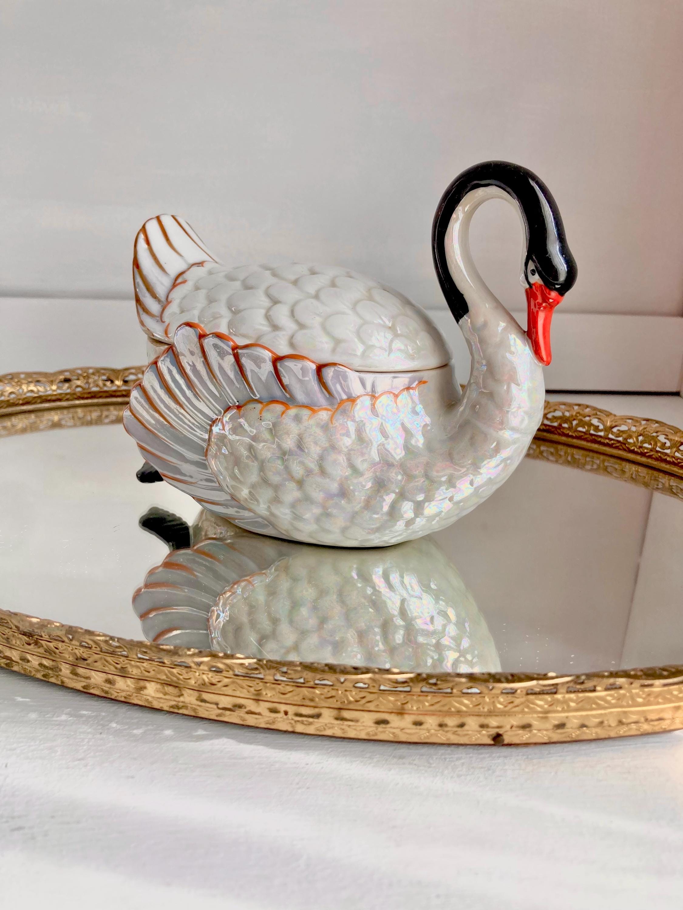 Vintage Lusterware Swan Dish: Gold Castle Ceramic Container, Japan