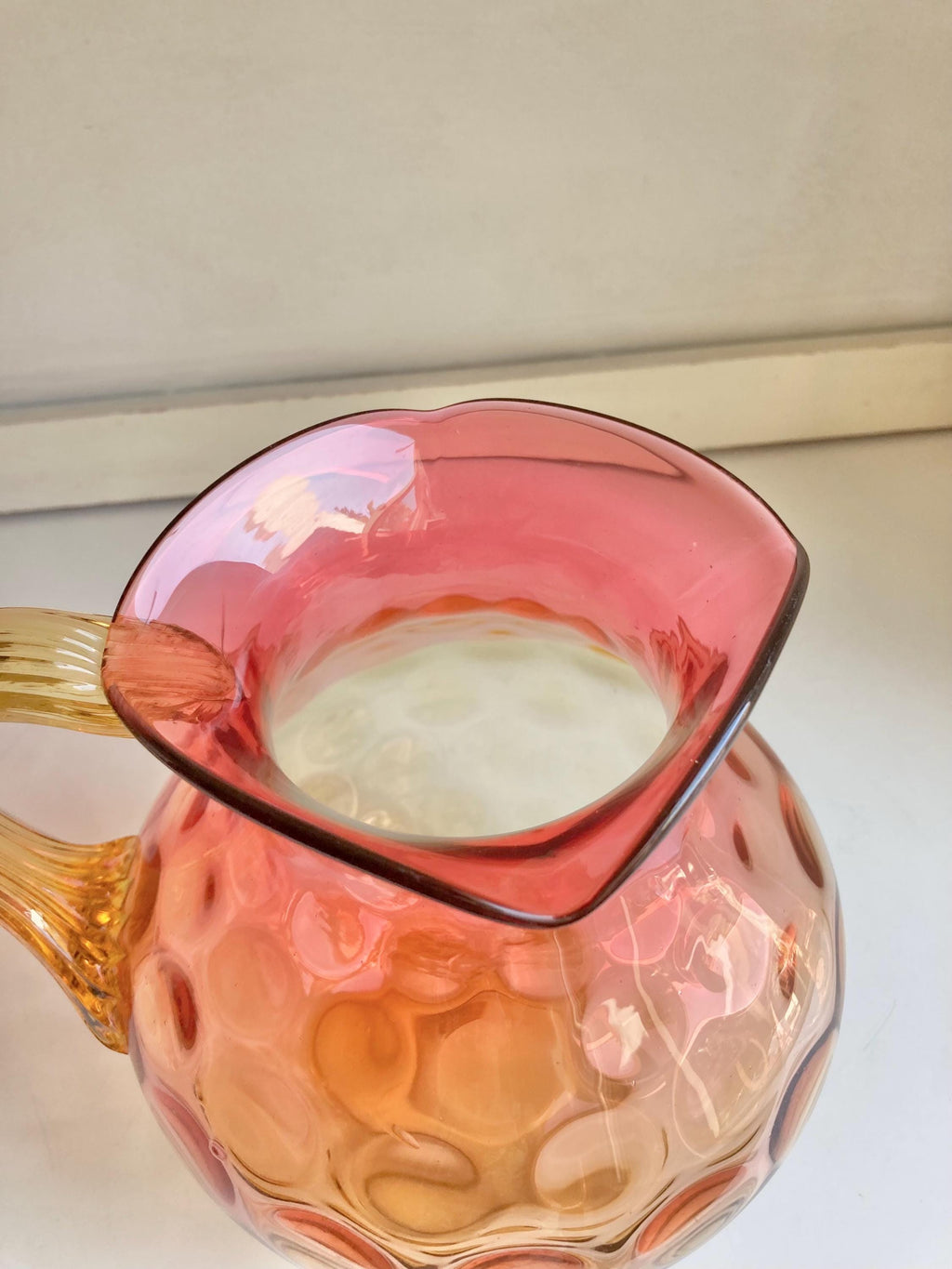 Antique Amberina Glass Pitcher Set: Victorian Reverse Thumbprint Hobbs Brockunier