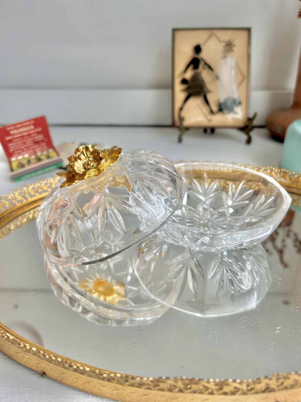 Vintage Italian Cut Crystal Trinket Dish: Gilt Floral Handle