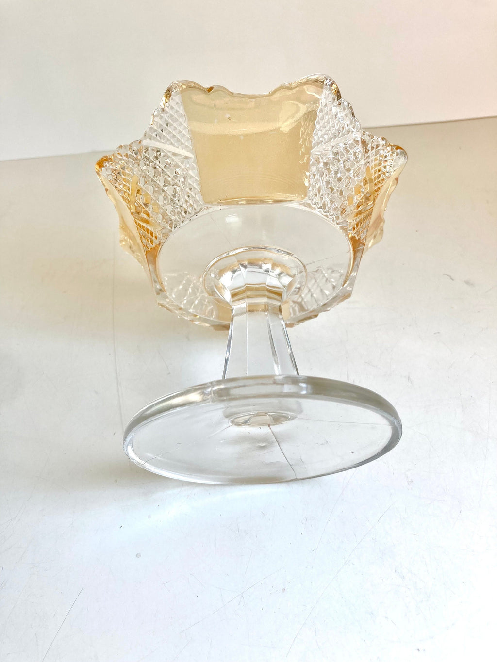 EAPG Amberette 8 Paneled Pedestal Compote Dish - Yellow and Clear, Scalloped Edge - 4.25" tall