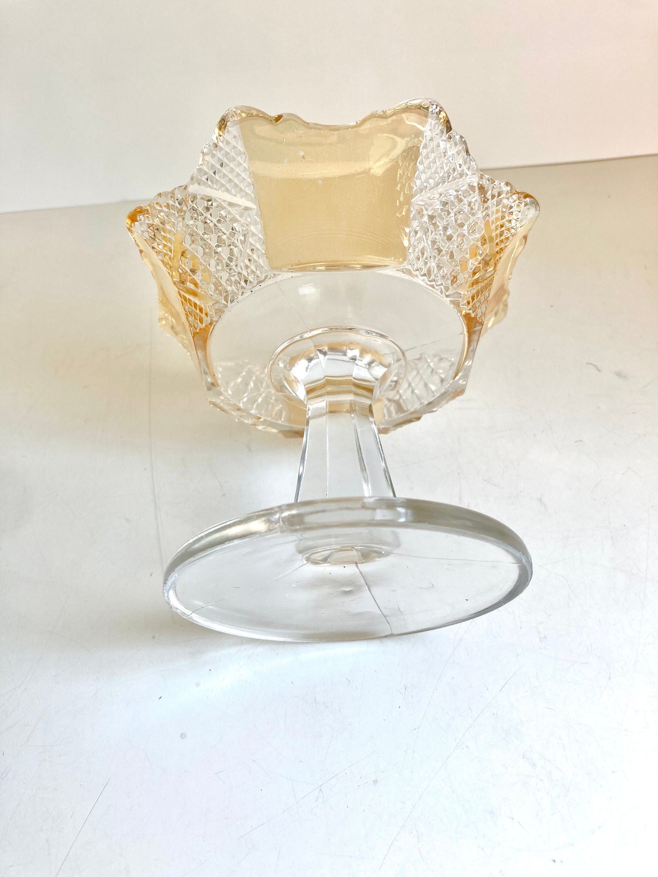 EAPG Amberette 8 Paneled Pedestal Compote Dish - Yellow and Clear, Scalloped Edge - 4.25" tall