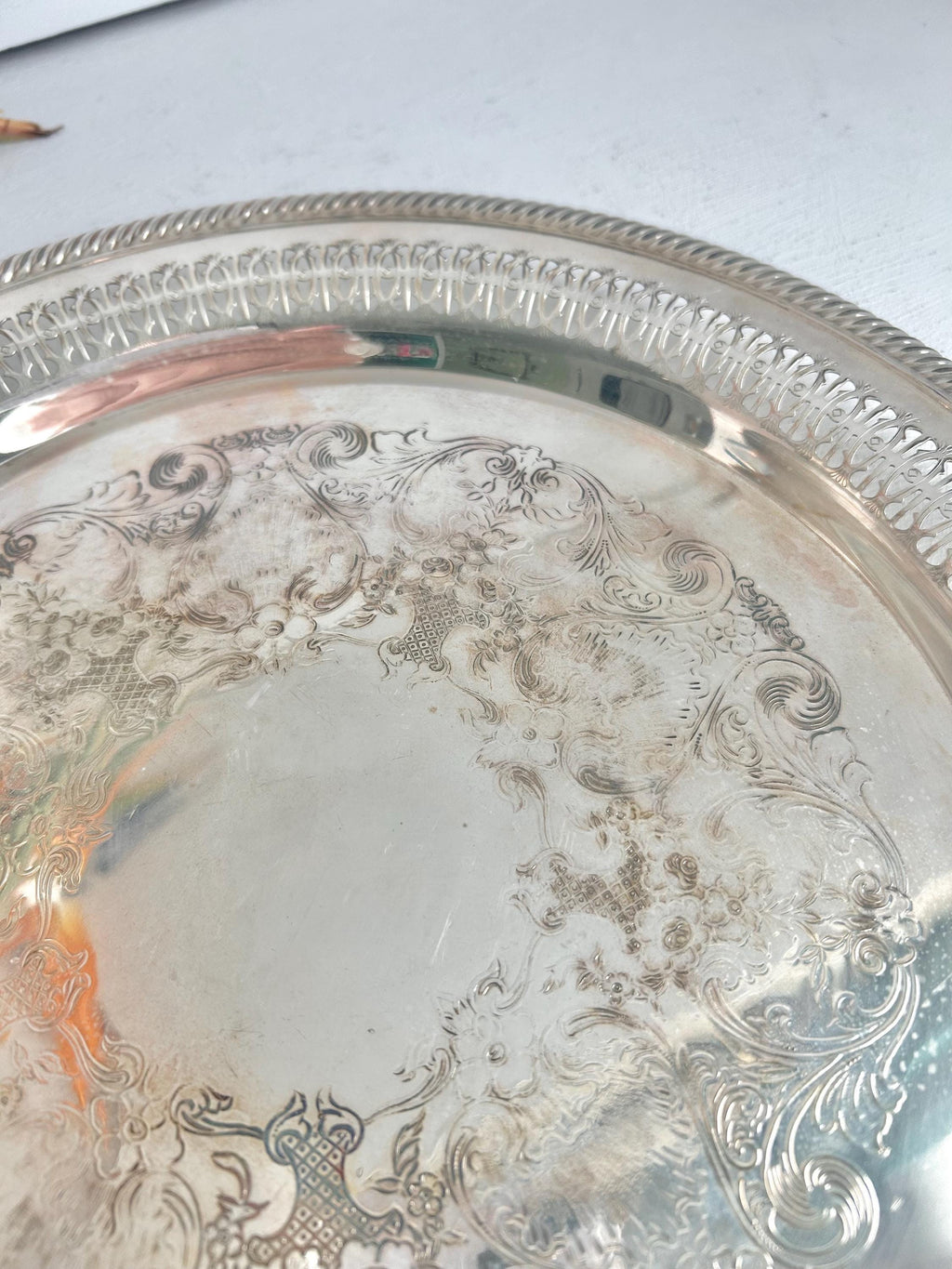 Vintage International Silver Co. Silverplated Platter: Perforated Rim, 12 inch
