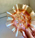 Vintage Dugan Golden Grape Marigold Carnival Glass Ruffled Bowl 7 1/4" diameter