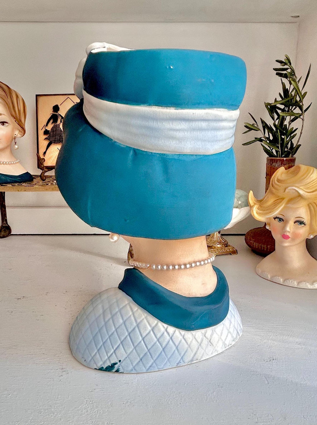 Vintage Napcoware LARGE Head Vase: 1960s Lady with Teal Blue Hat, Pearls