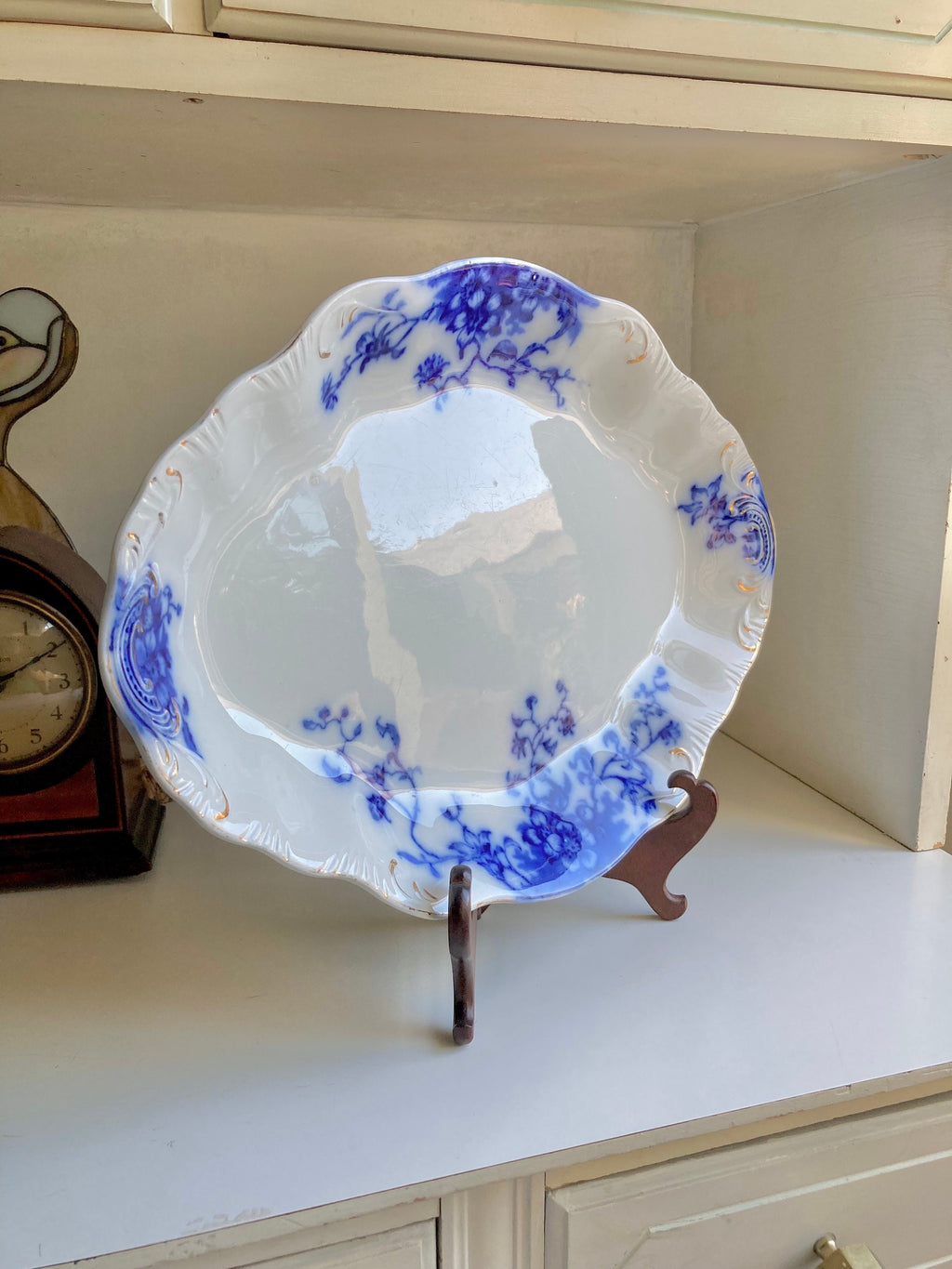 Antique Grindley Flow Blue Platter: 16" Floral Foliage, Gilding