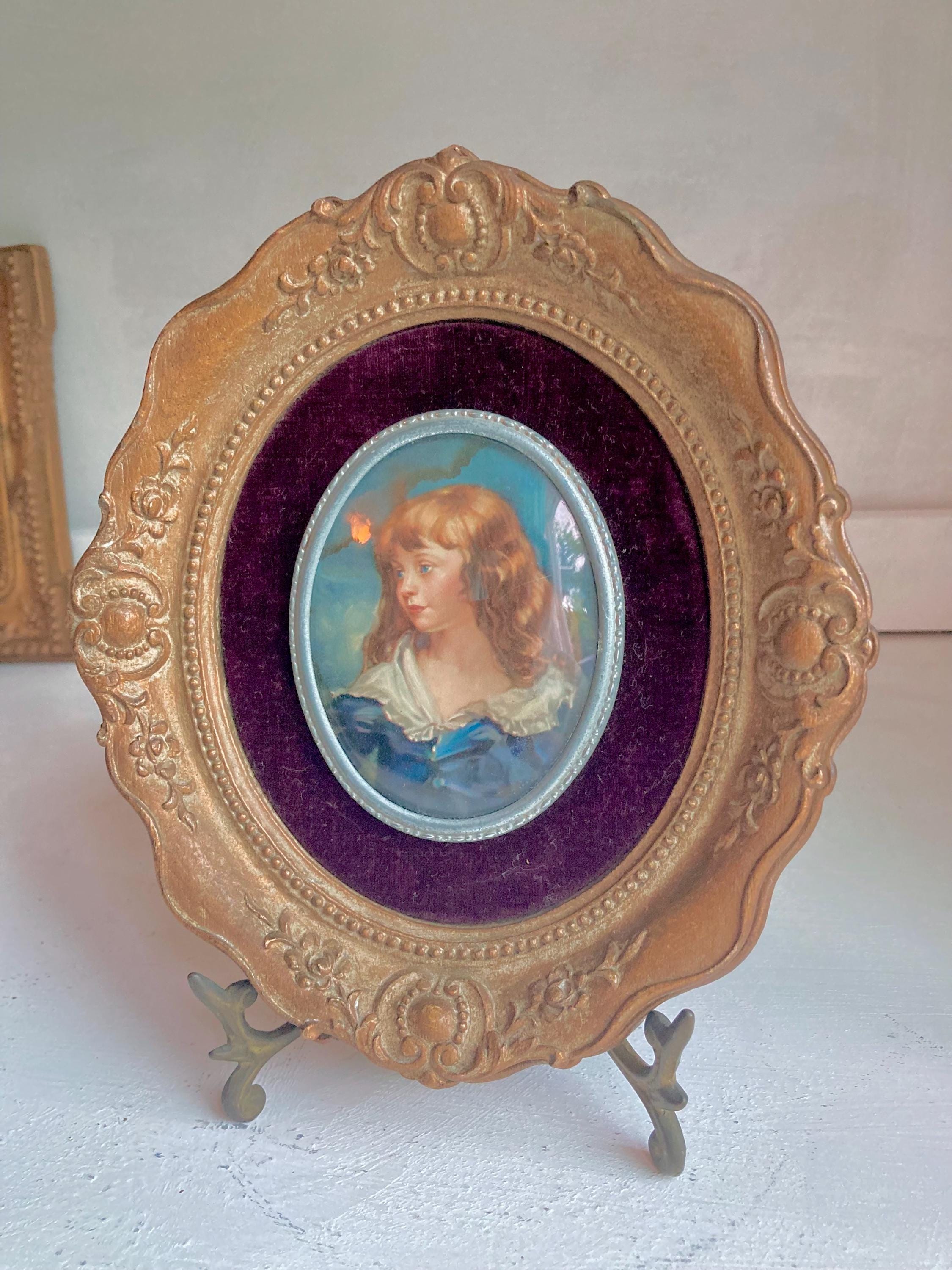 Vintage Framed Cameo Portrait: Gilt Floral Wood & Velvet Decor - Choose 1