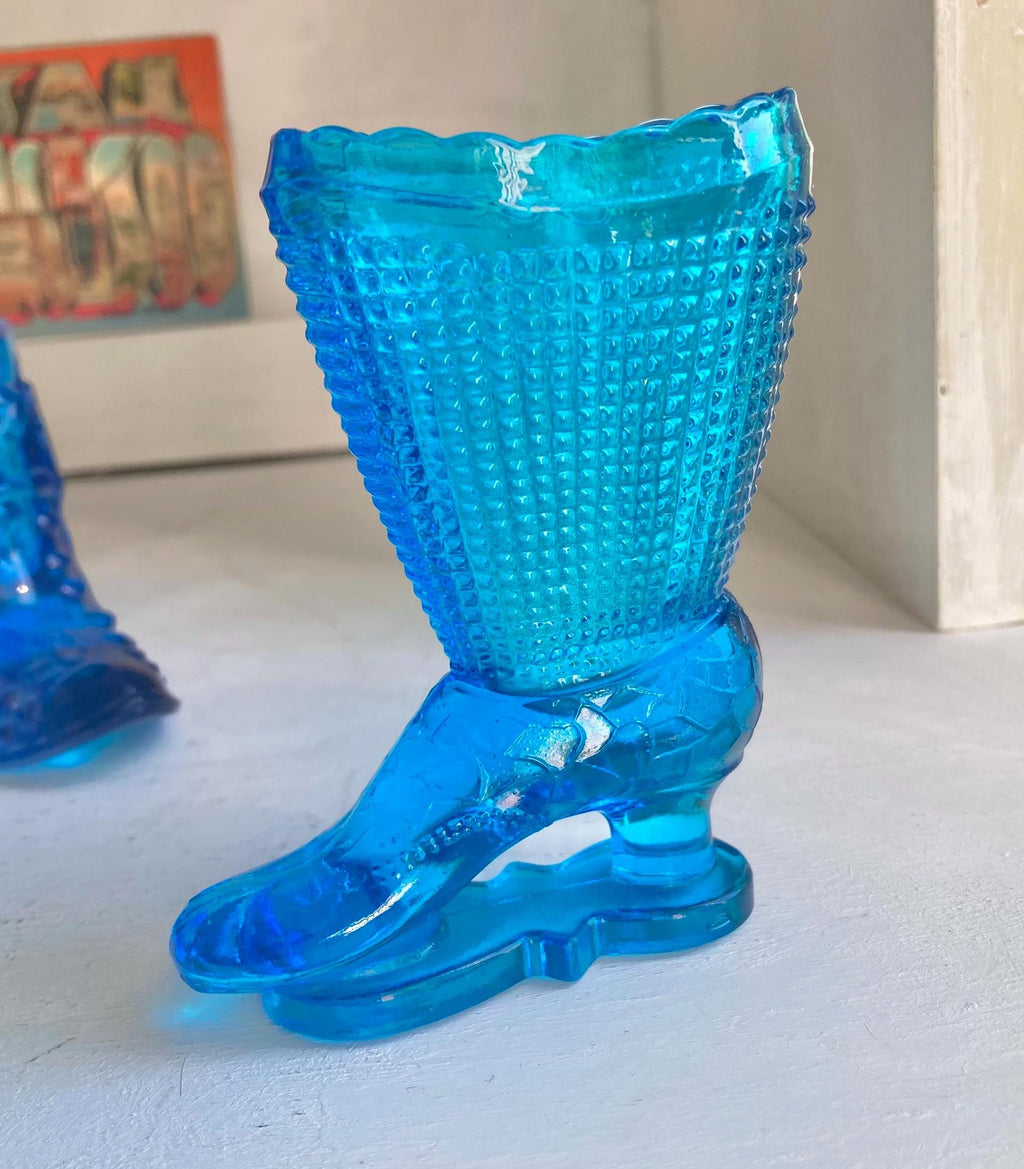 Vintage Blue Glass Slippers: Fenton, LE Smith, Hobnail, Daisy Button