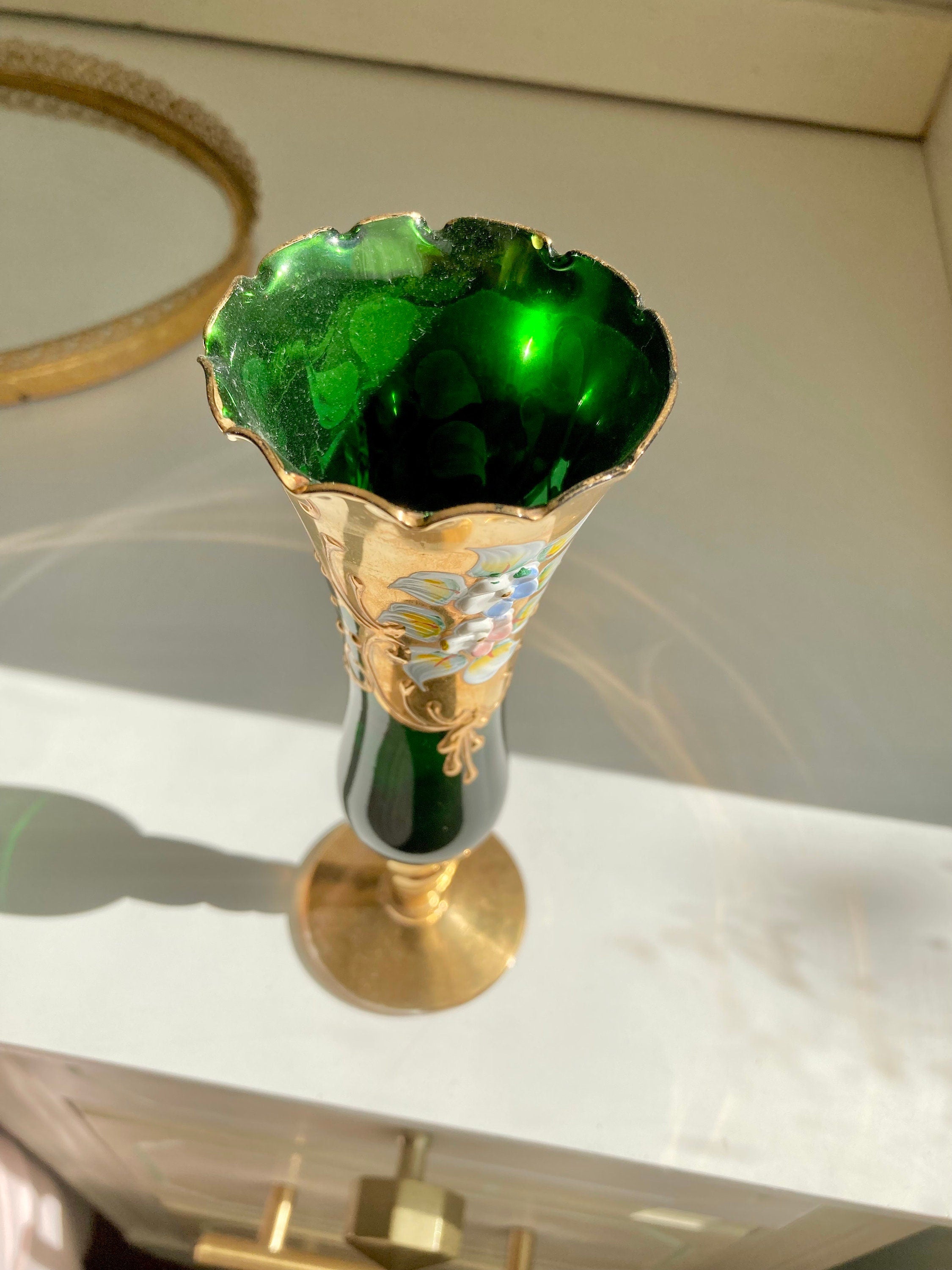 Vintage Green Glass Hand Painted Gilt Bohemian Bud Vases: choose from Two