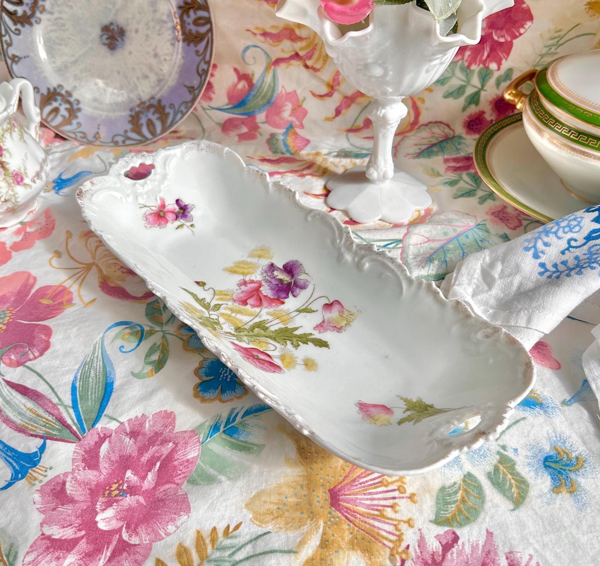 Vintage Porcelain Tray: Pink & Purple Poppies, Gilt Rim, Bavaria Germany