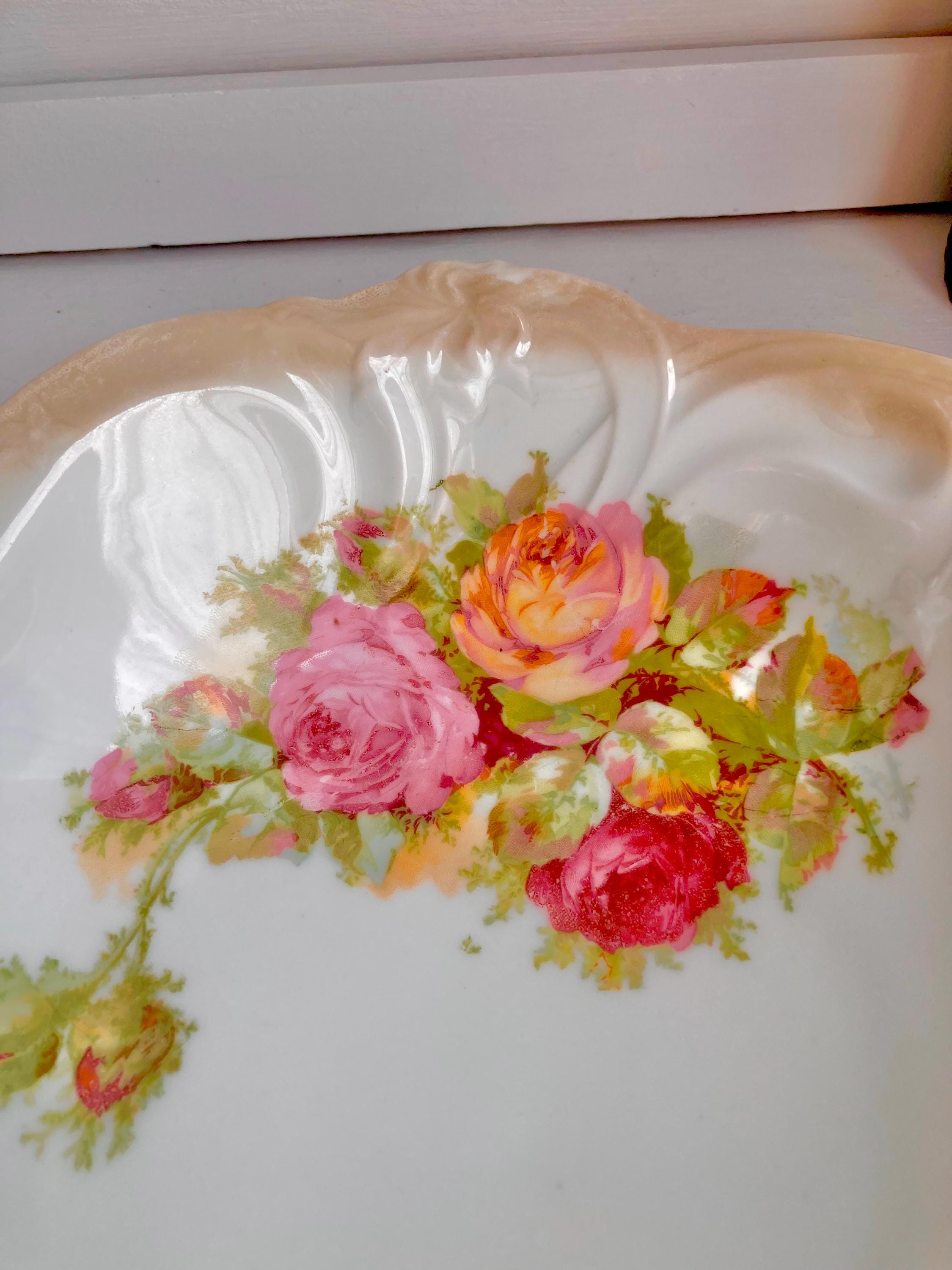 Vintage Bavarian Porcelain Bowl: Floral Appliqué, Luster Ruffled Rim