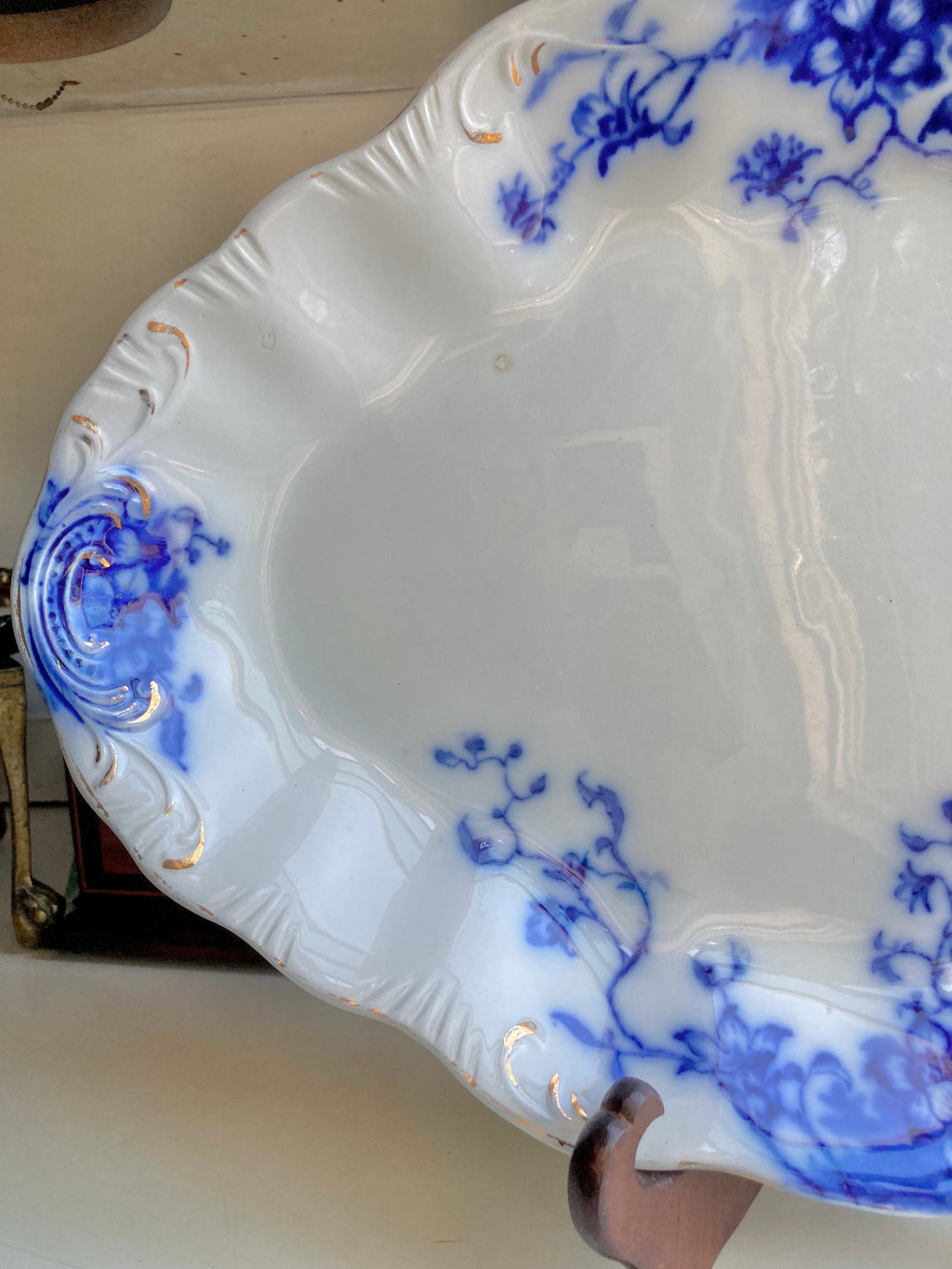 Antique Grindley Flow Blue Platter: 16" Floral Foliage, Gilding