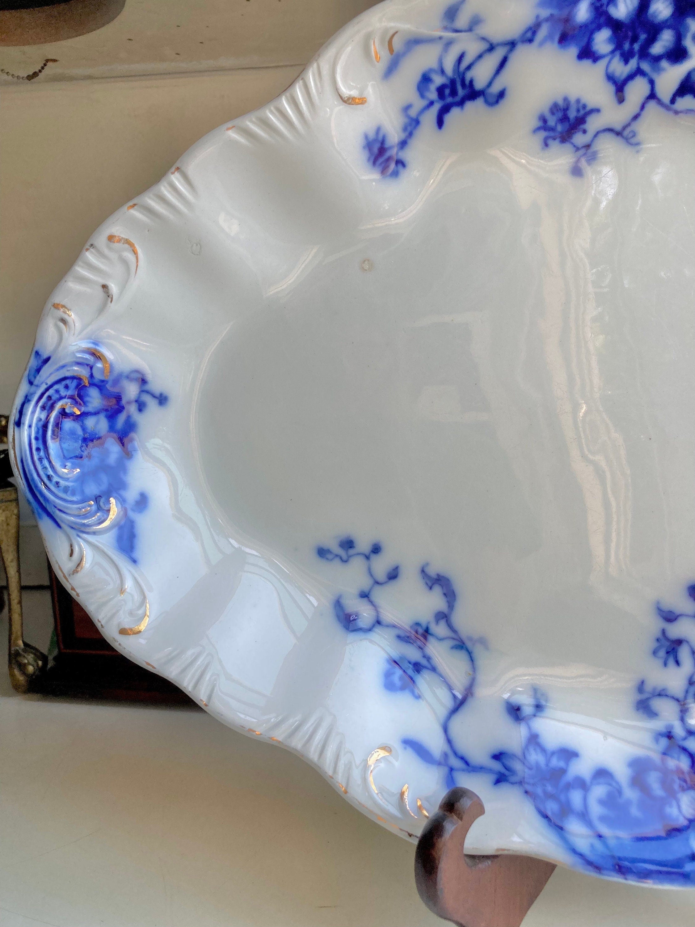 Antique Grindley Flow Blue Platter: 16" Floral Foliage, Gilding