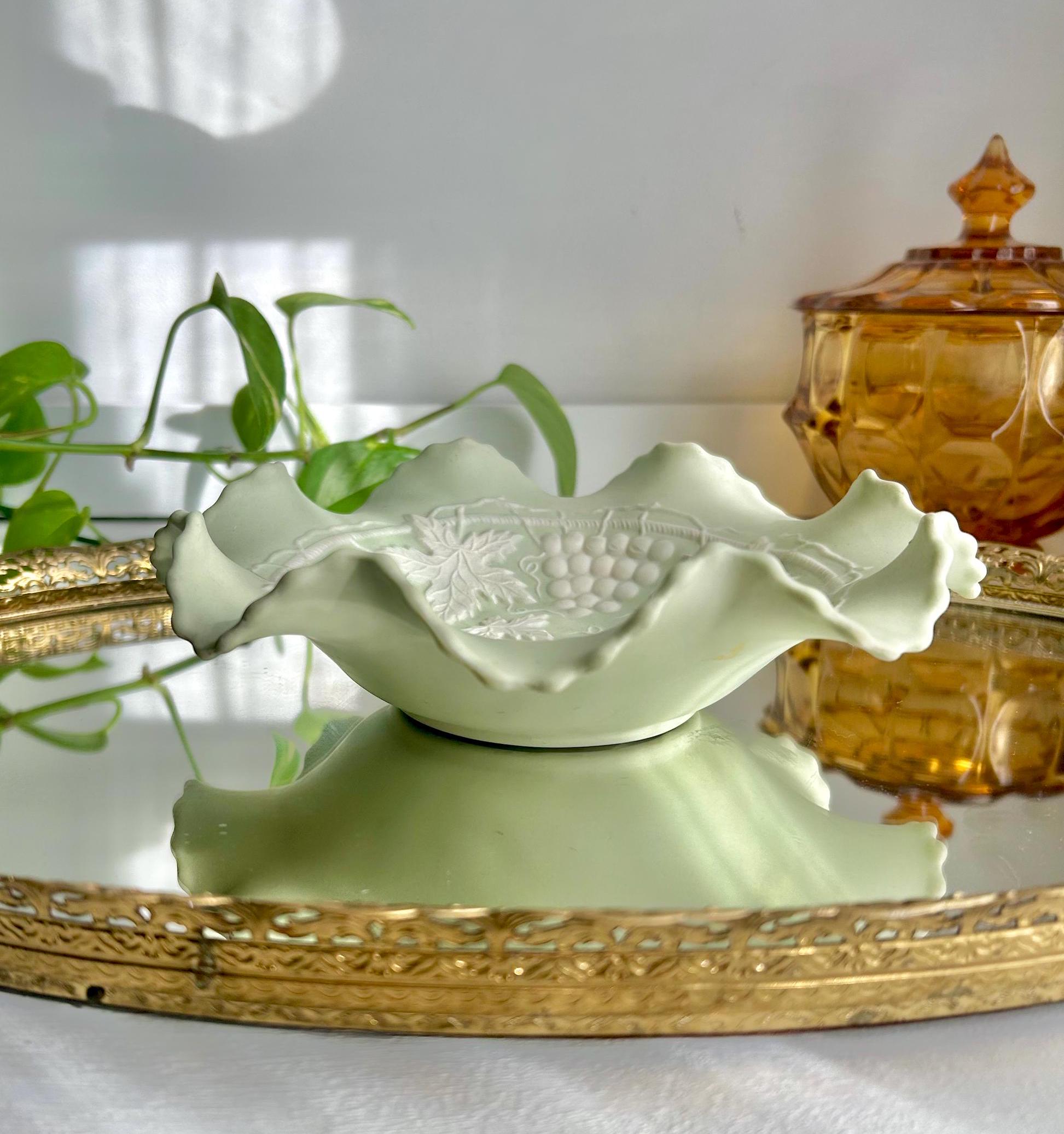 Vintage Bisque Ruffled Bowl: Pale Green Grape Vine Pattern