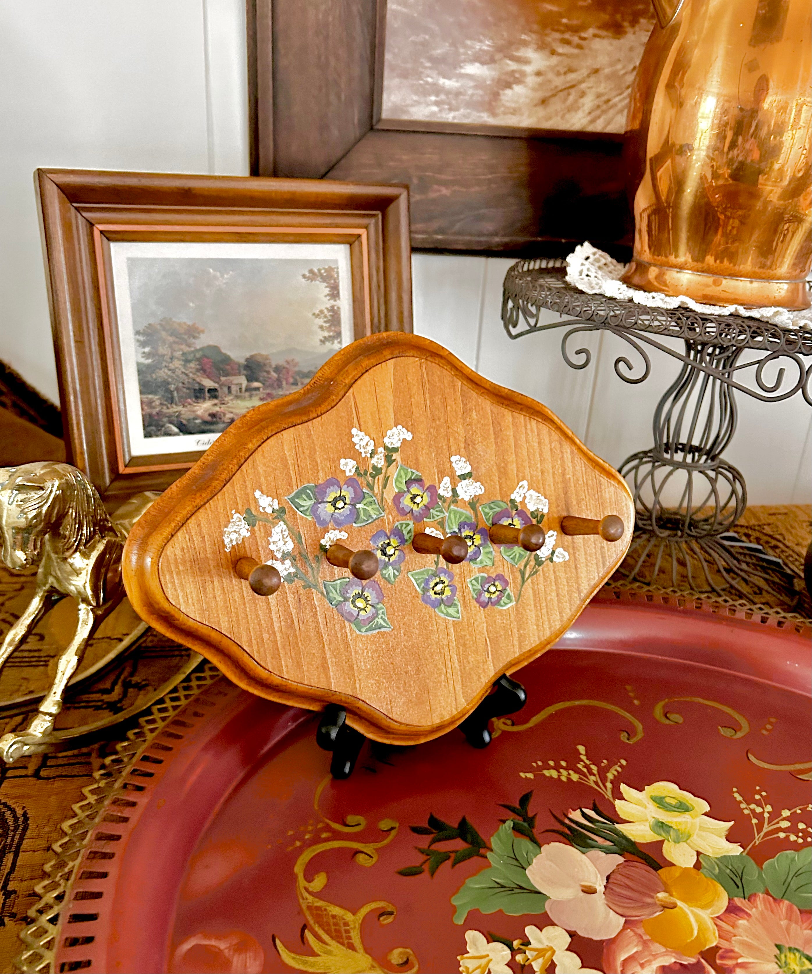Small Vintage Wooden Wall Hanger with Handpainted Flowers