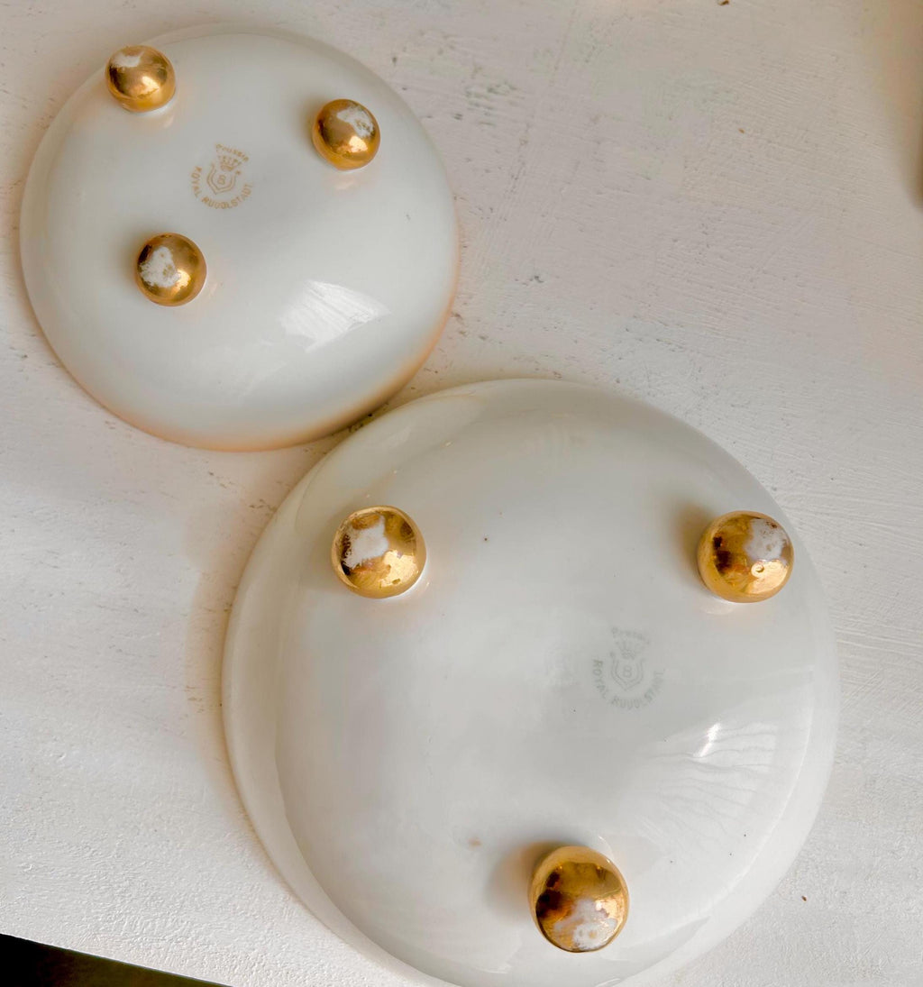 Antique Royal Rudolstadt Prussia Porcelain Bowls: Hand-Painted Rose Floral, Gilt Footed - Set of 2