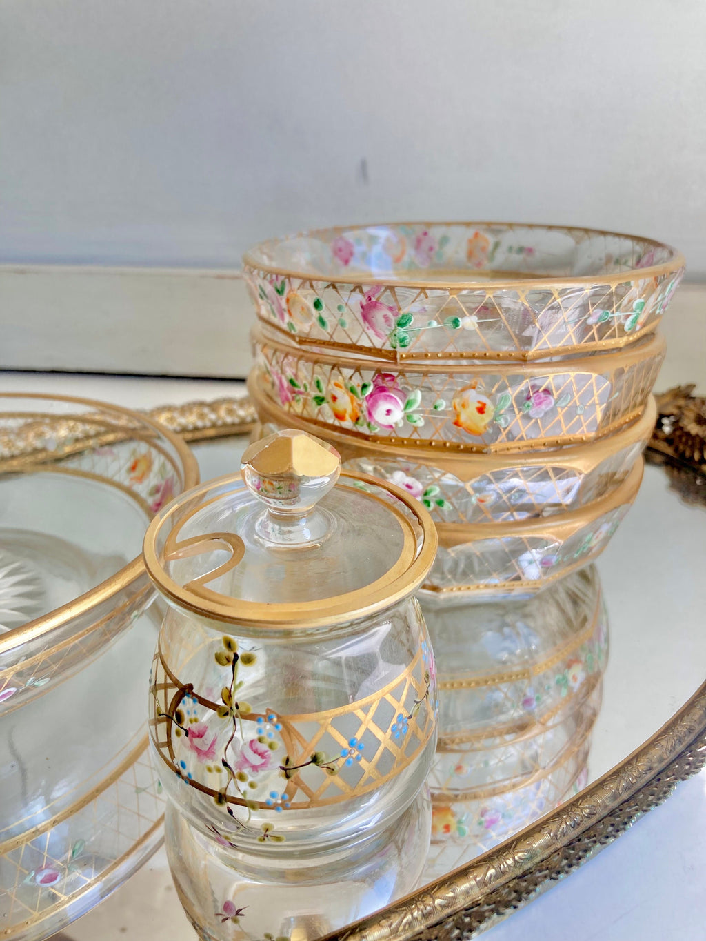 Vintage Hand-Painted Floral Glass Dessert Set: Gilt Sunburst Bowls & Jar