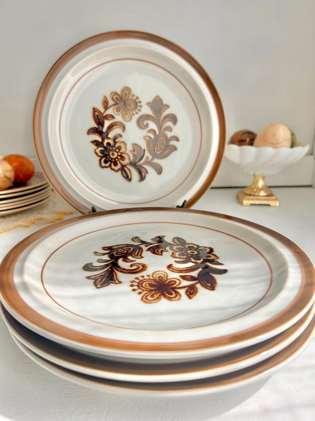 Vintage Stoneware Side Plates Set: Brown Floral Monterrey, Japan