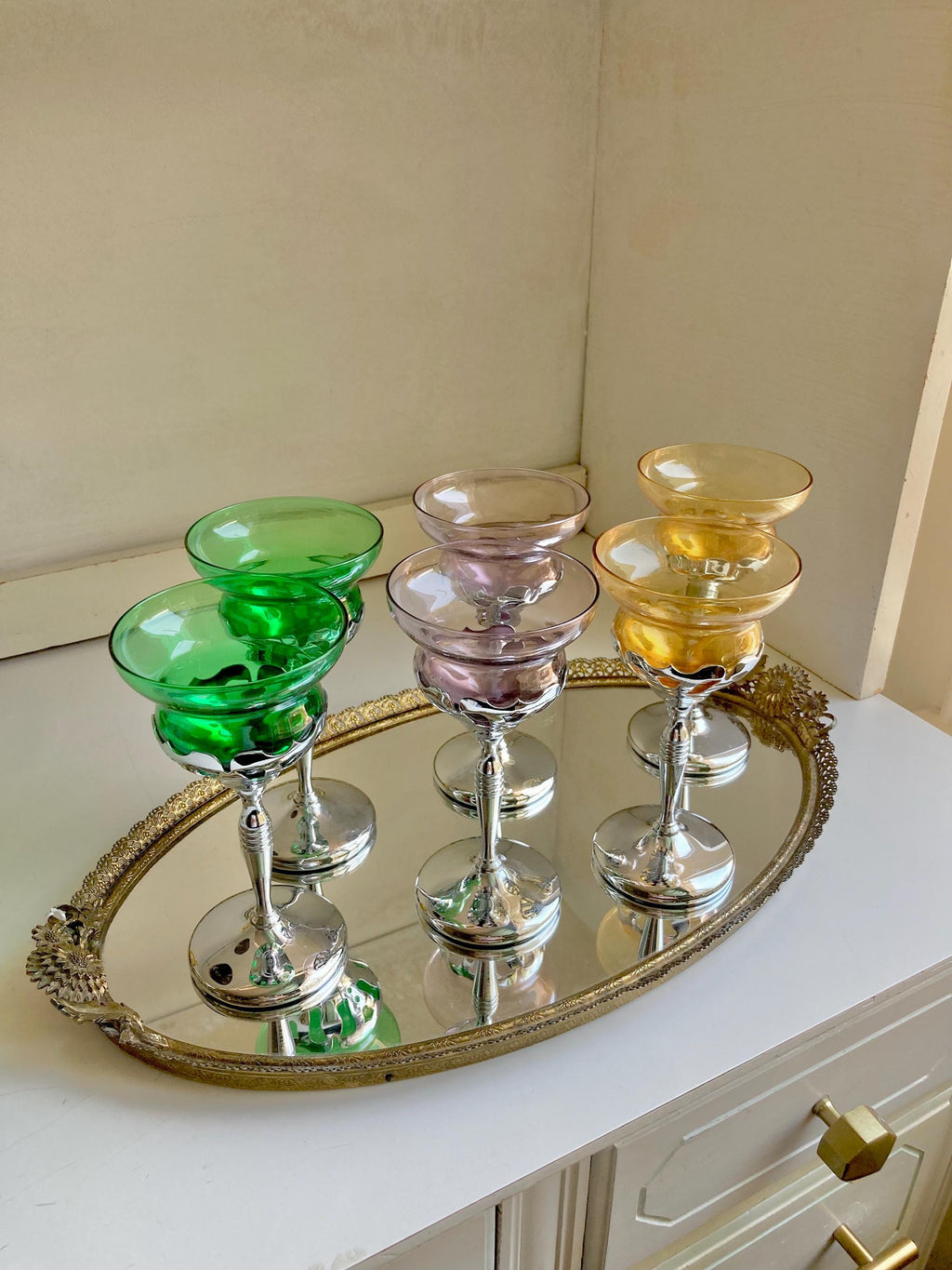 Midcentury Farber Bros Chrome Stem Glassware: Art Nouveau Cocktail Glasses