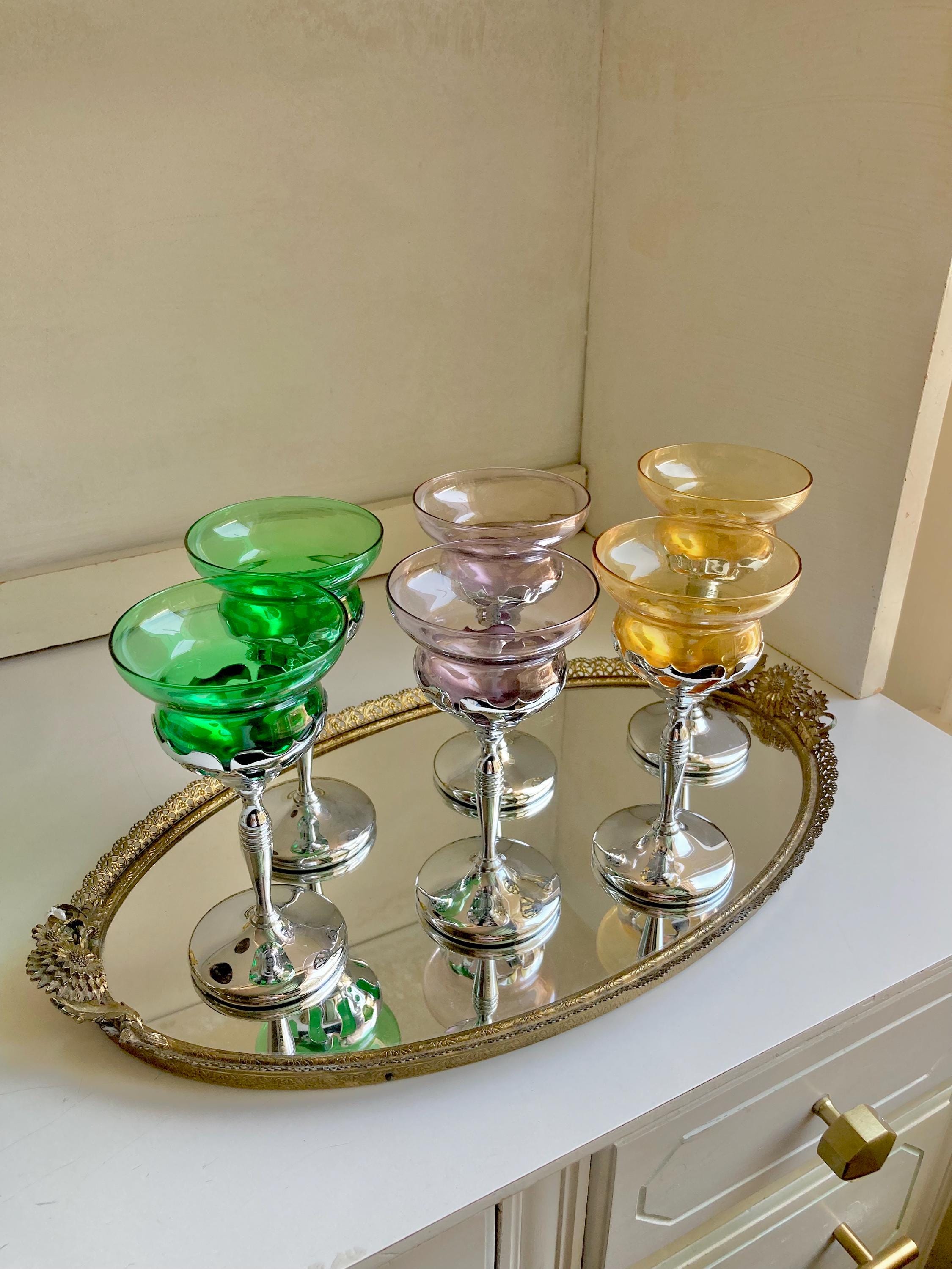 Midcentury Farber Bros Chrome Stem Glassware: Art Nouveau Cocktail Glasses