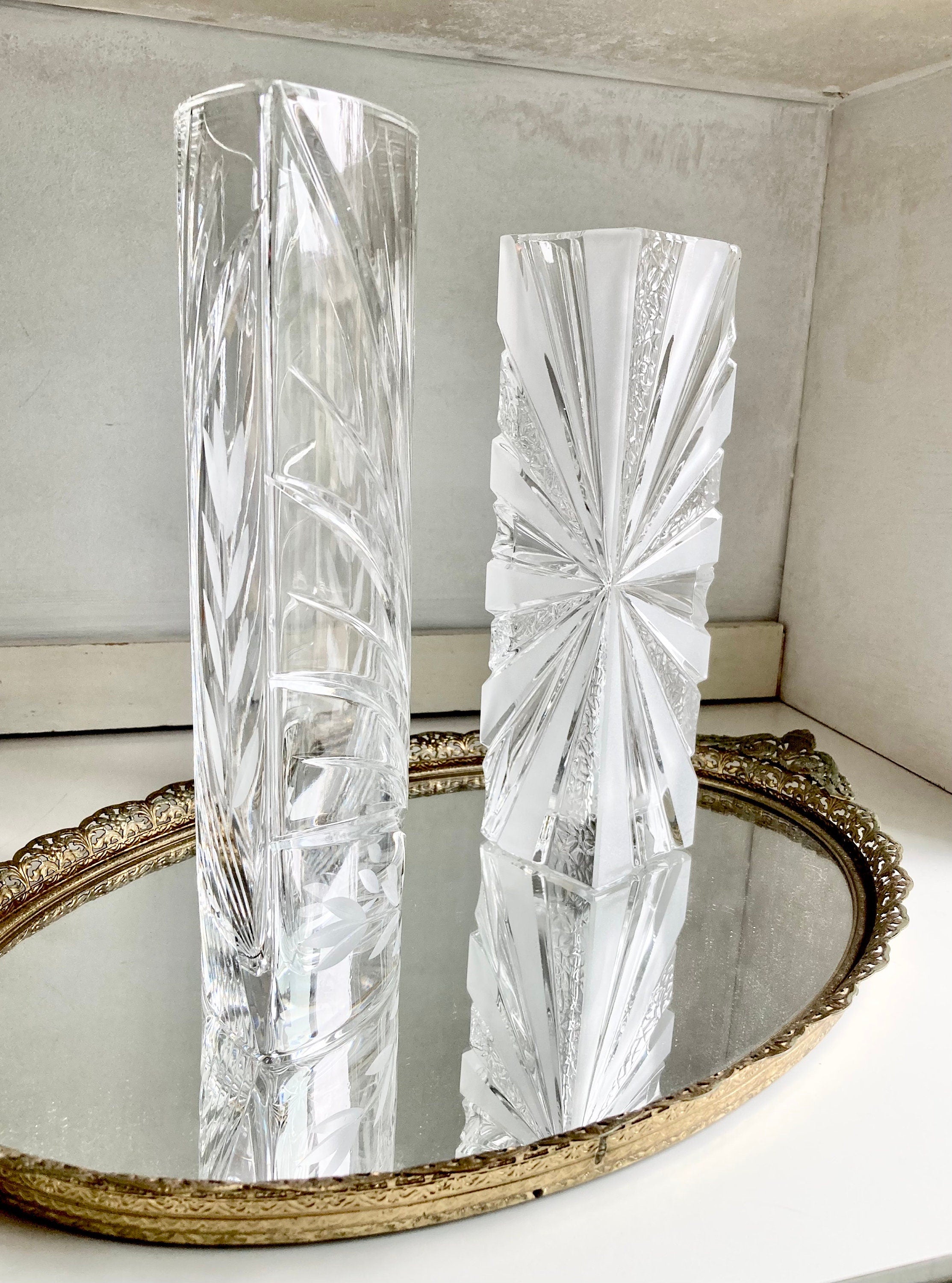 Vintage European Cut Crystal Vases: Geometric Frosted Glass Accents