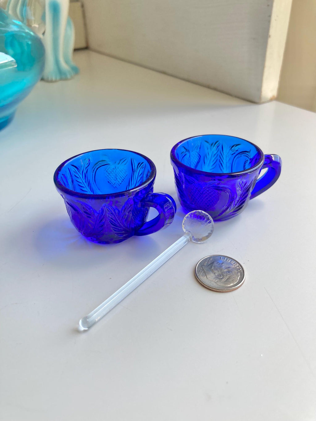 Vinage Cobalt Blue Glass Salt Cellars with fruit pattern, cup handles