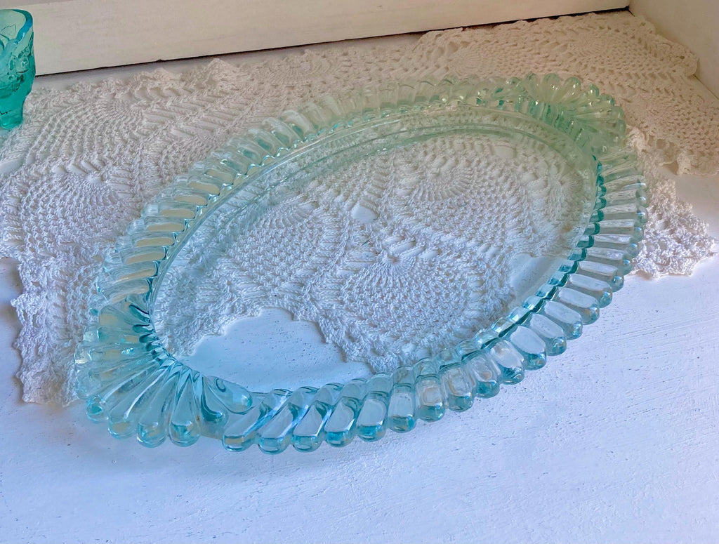Vintage Aqua Blue Glass Ruffled Tray